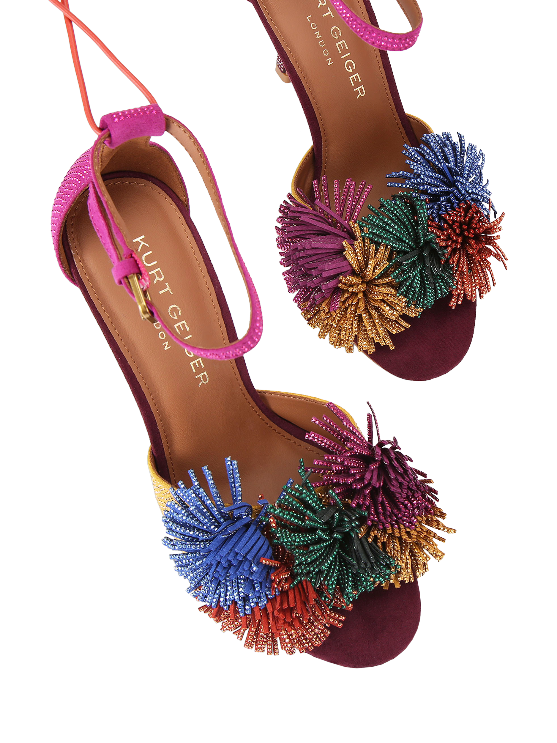 Product image 3 of 5, which shows Kurt Geiger London Pom Pom Suede Ankle Tie Sandals, Red Wine, 3