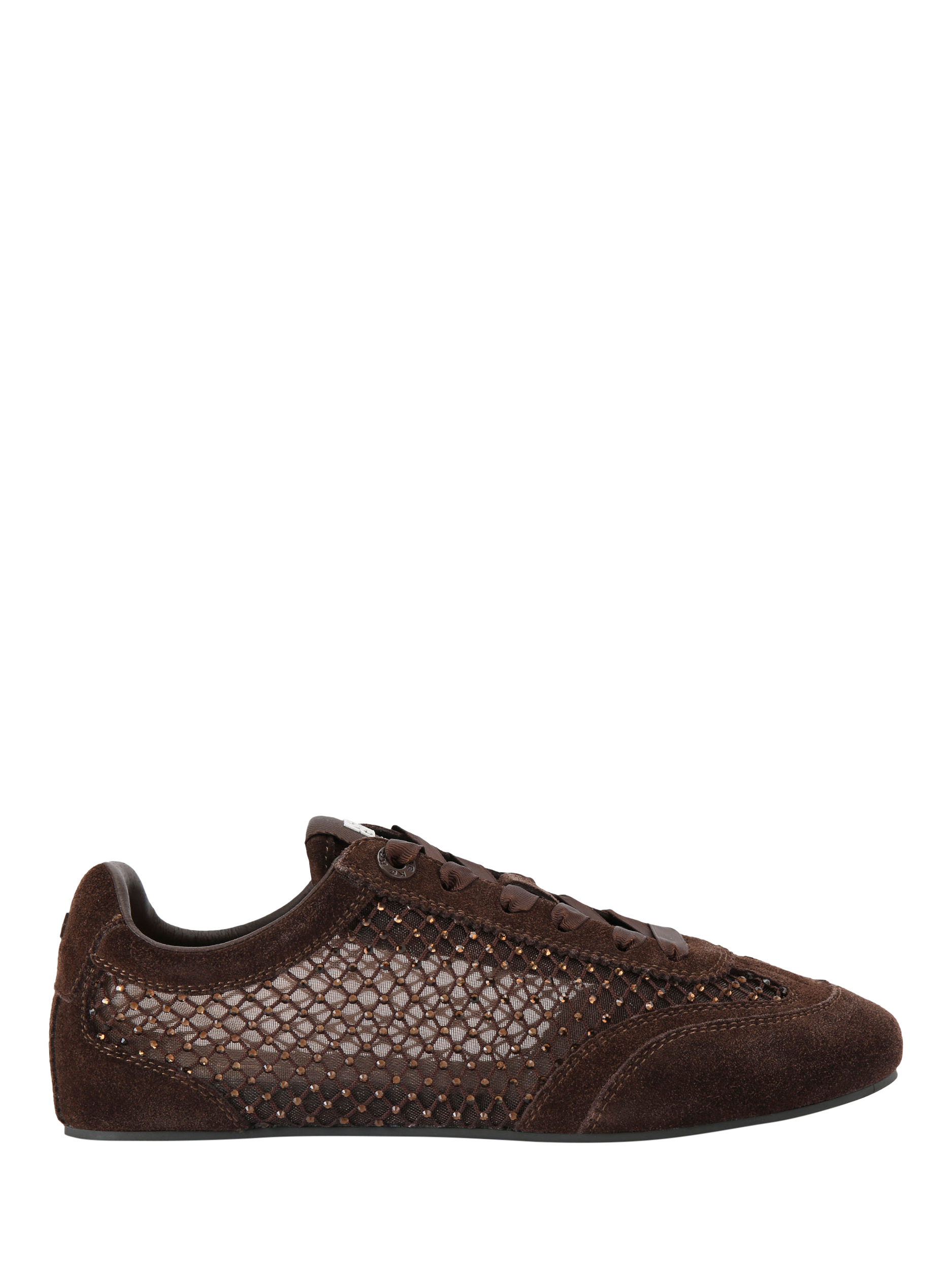 Product image 1 of 4, which shows Kurt Geiger London Listen Suede Embellished Trainers, Brown, 3