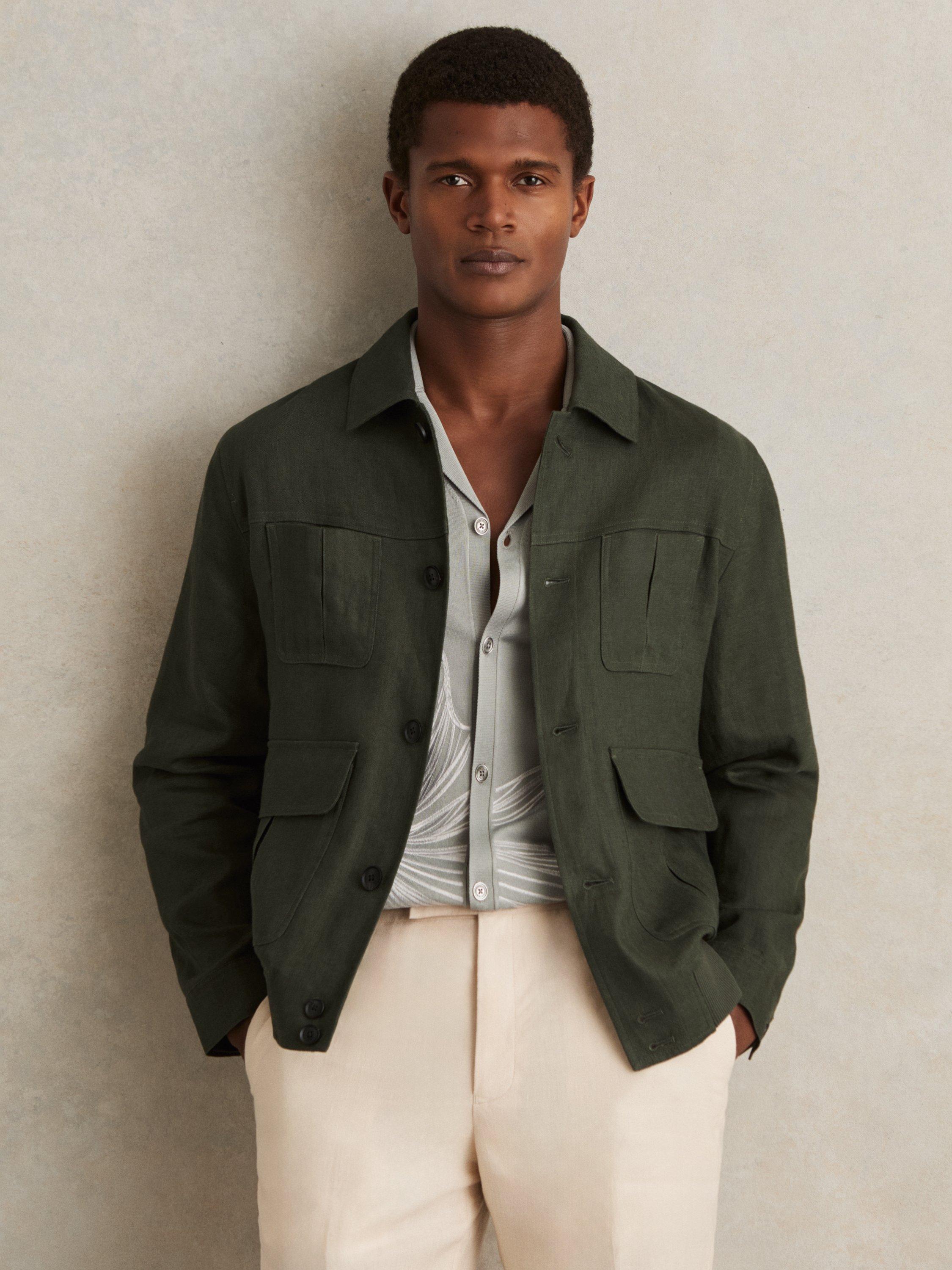 Product image 1 of 5, which shows Reiss Reiss Adam Linen Four-Pocket Jacket, Khaki, XS