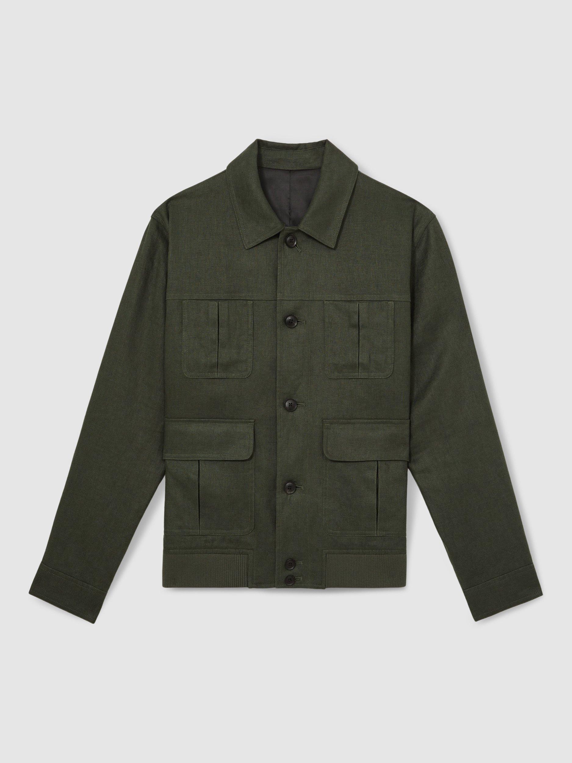 Product image 4 of 5, which shows Reiss Reiss Adam Linen Four-Pocket Jacket, Khaki, XS