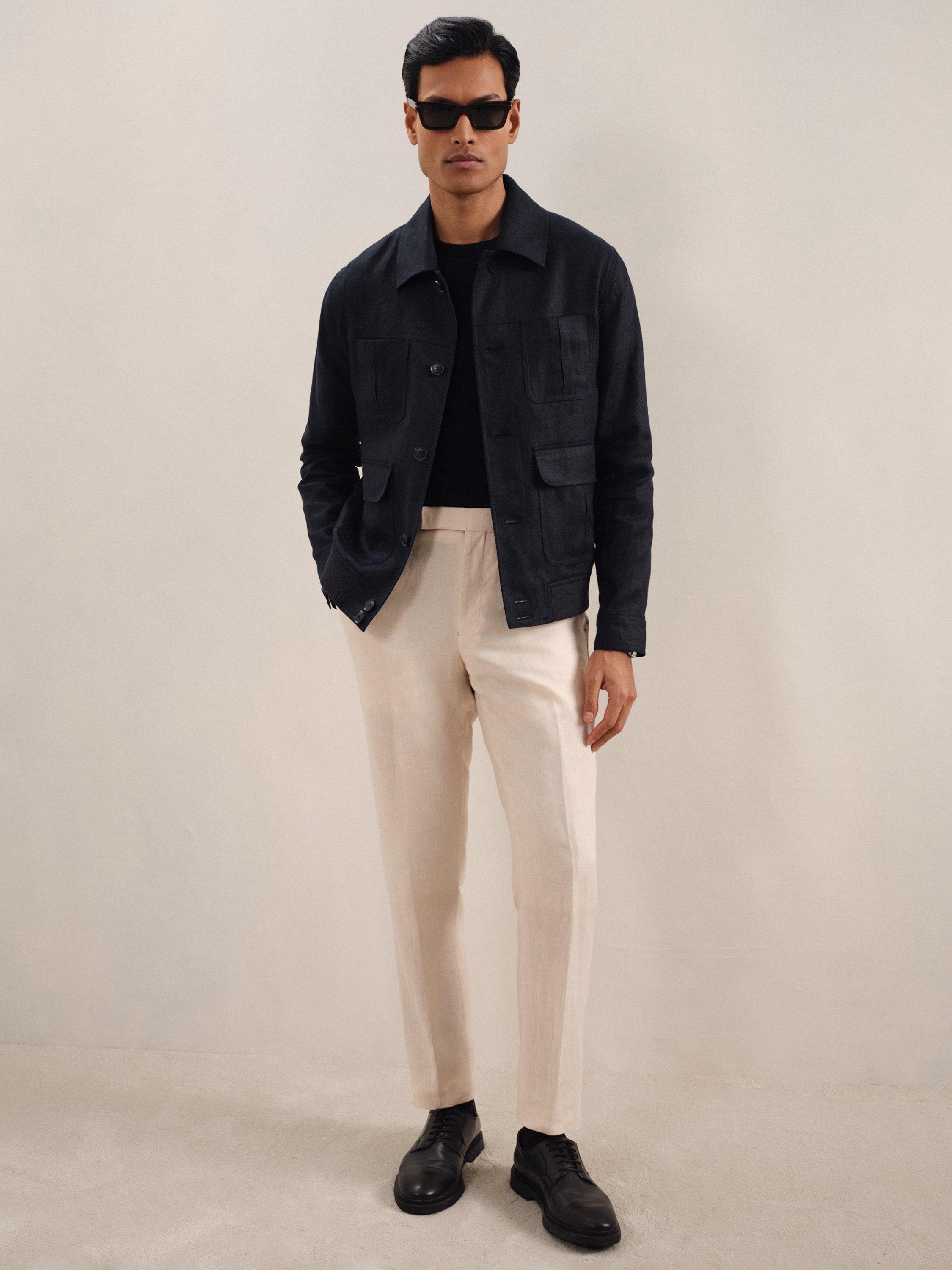 Product image 1 of 5, which shows Reiss Adam Linen Four-Pocket Jacket, Navy, M