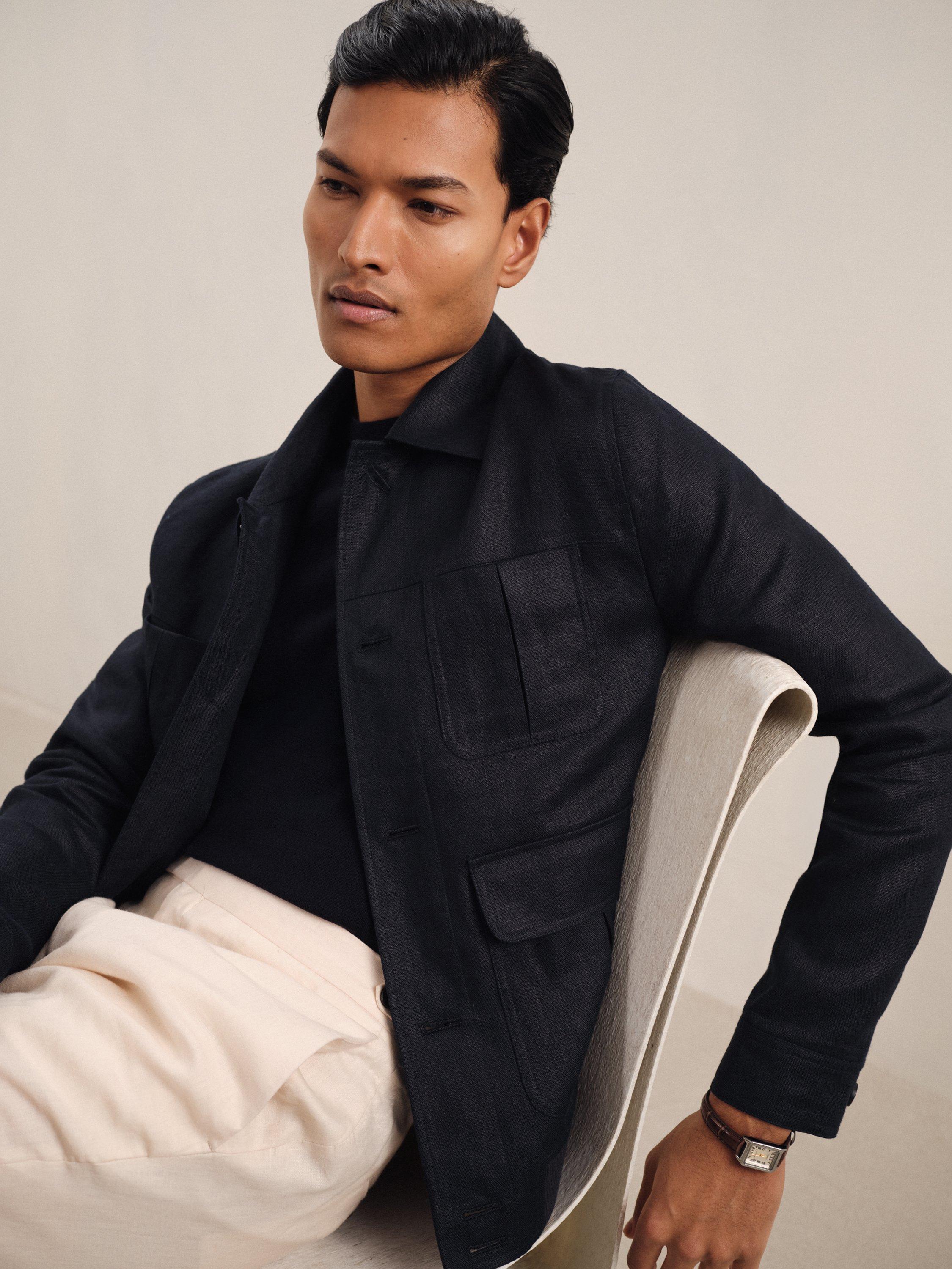 Product image 2 of 5, which shows Reiss Adam Linen Four-Pocket Jacket, Navy, M