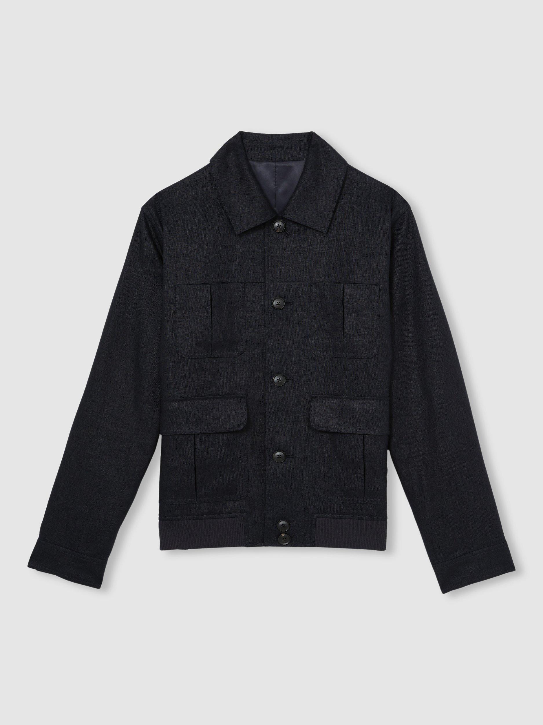 Product image 4 of 5, which shows Reiss Adam Linen Four-Pocket Jacket, Navy, M