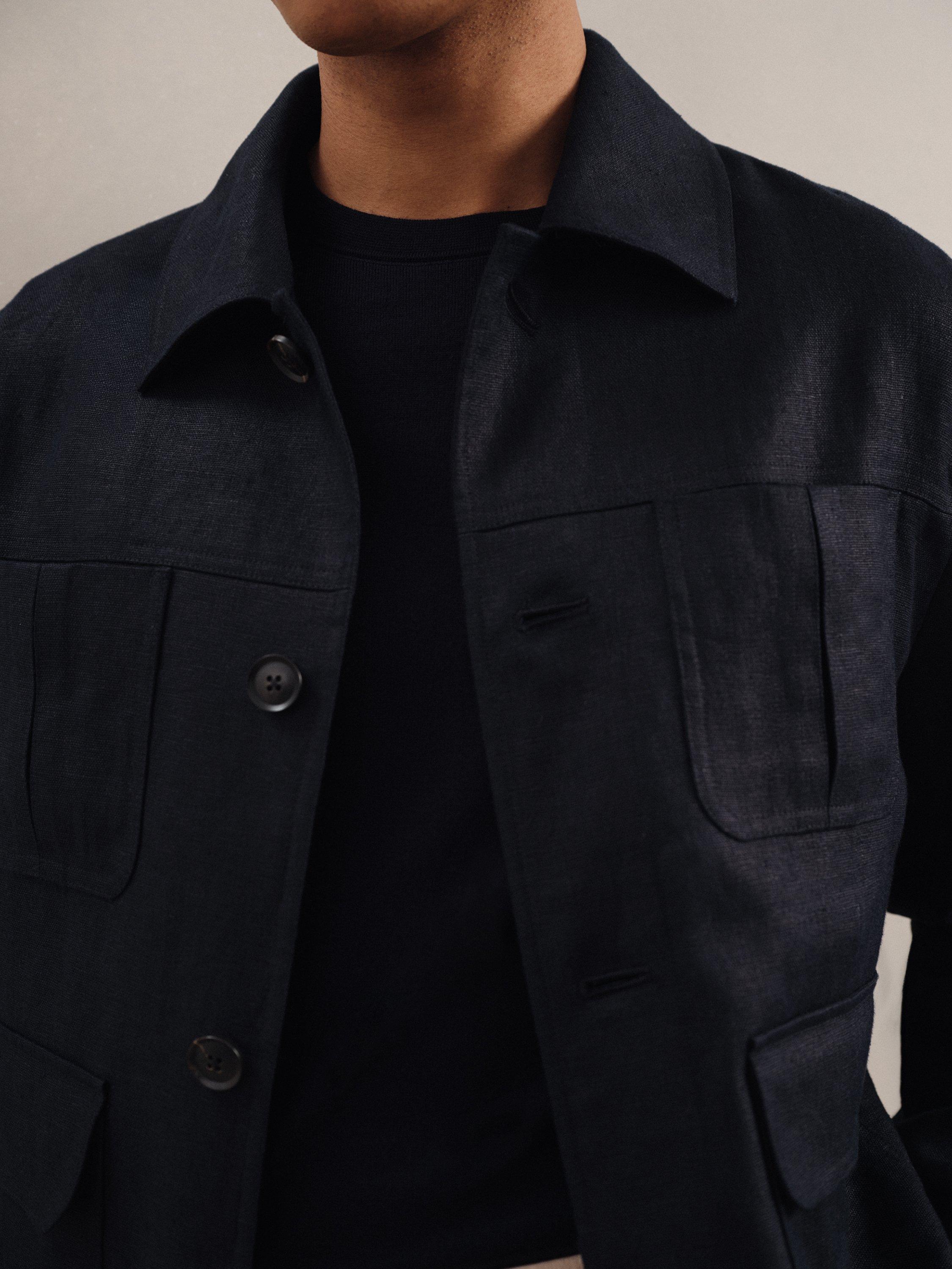 Product image 5 of 5, which shows Reiss Adam Linen Four-Pocket Jacket, Navy, M