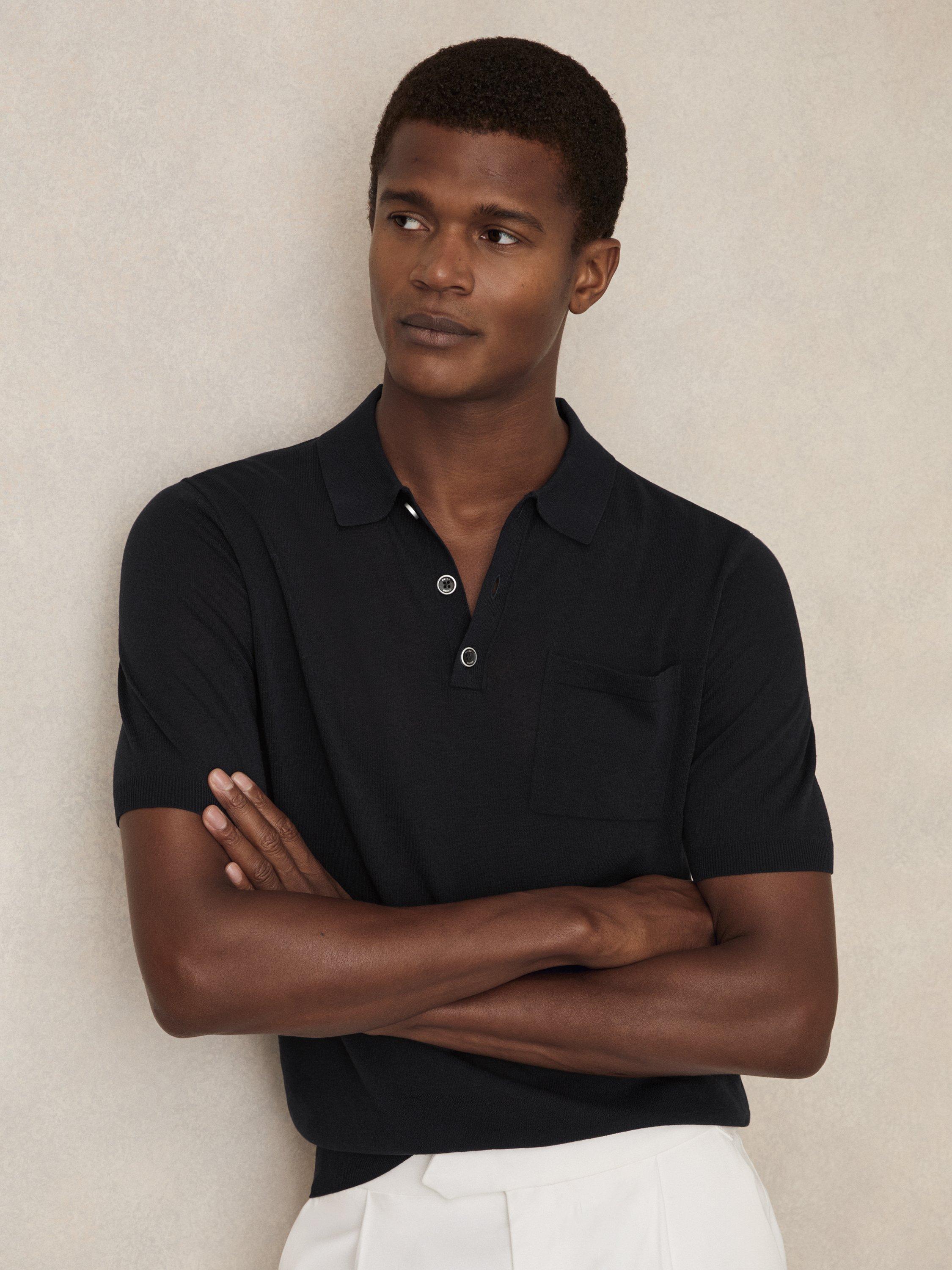 Product image 1 of 5, which shows Reiss Nelson Knitted Polo Shirt, Navy, S