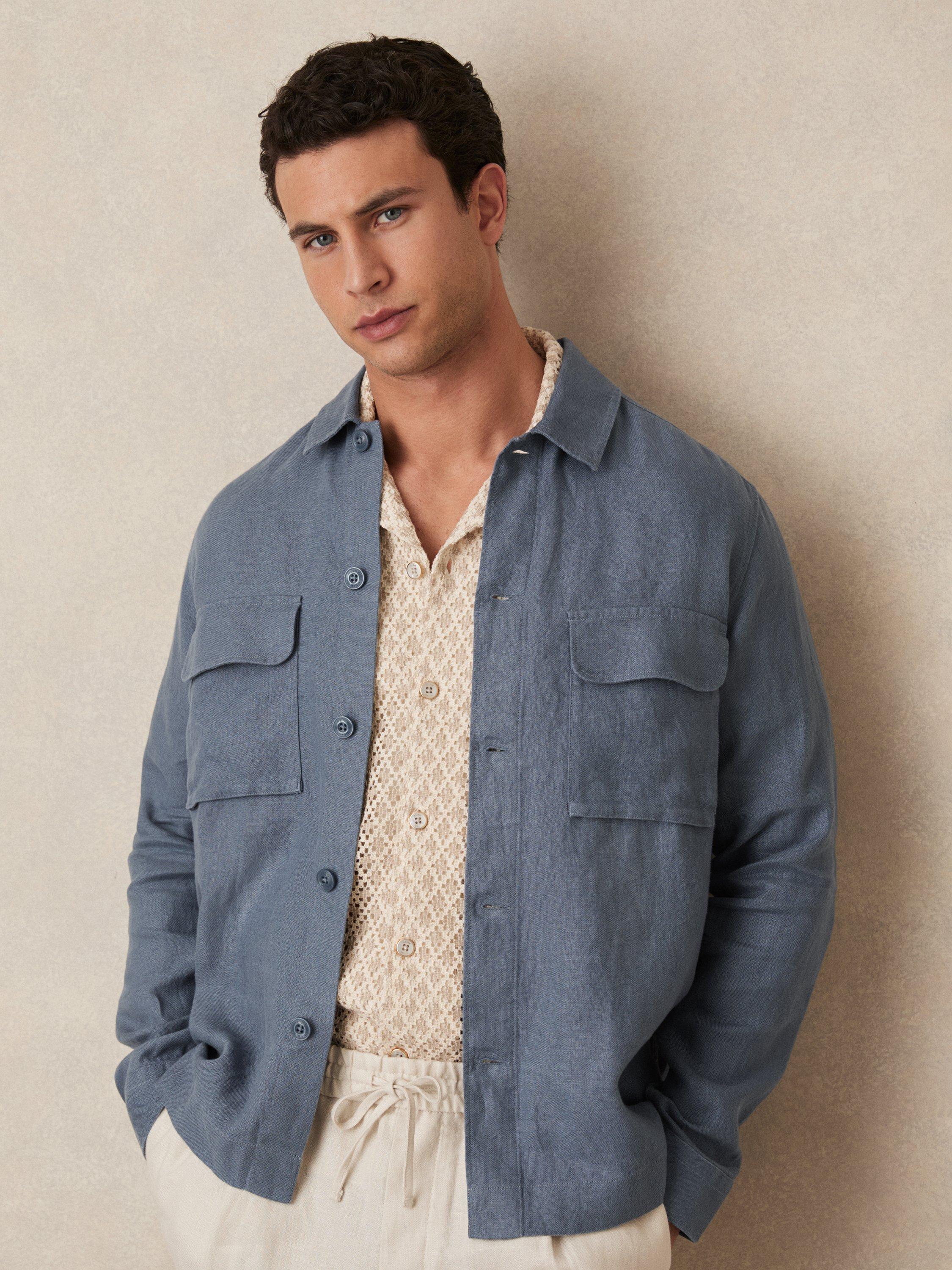 Product image 1 of 5, which shows Reiss Eze Linen Overshirt, Airforce Blue, M