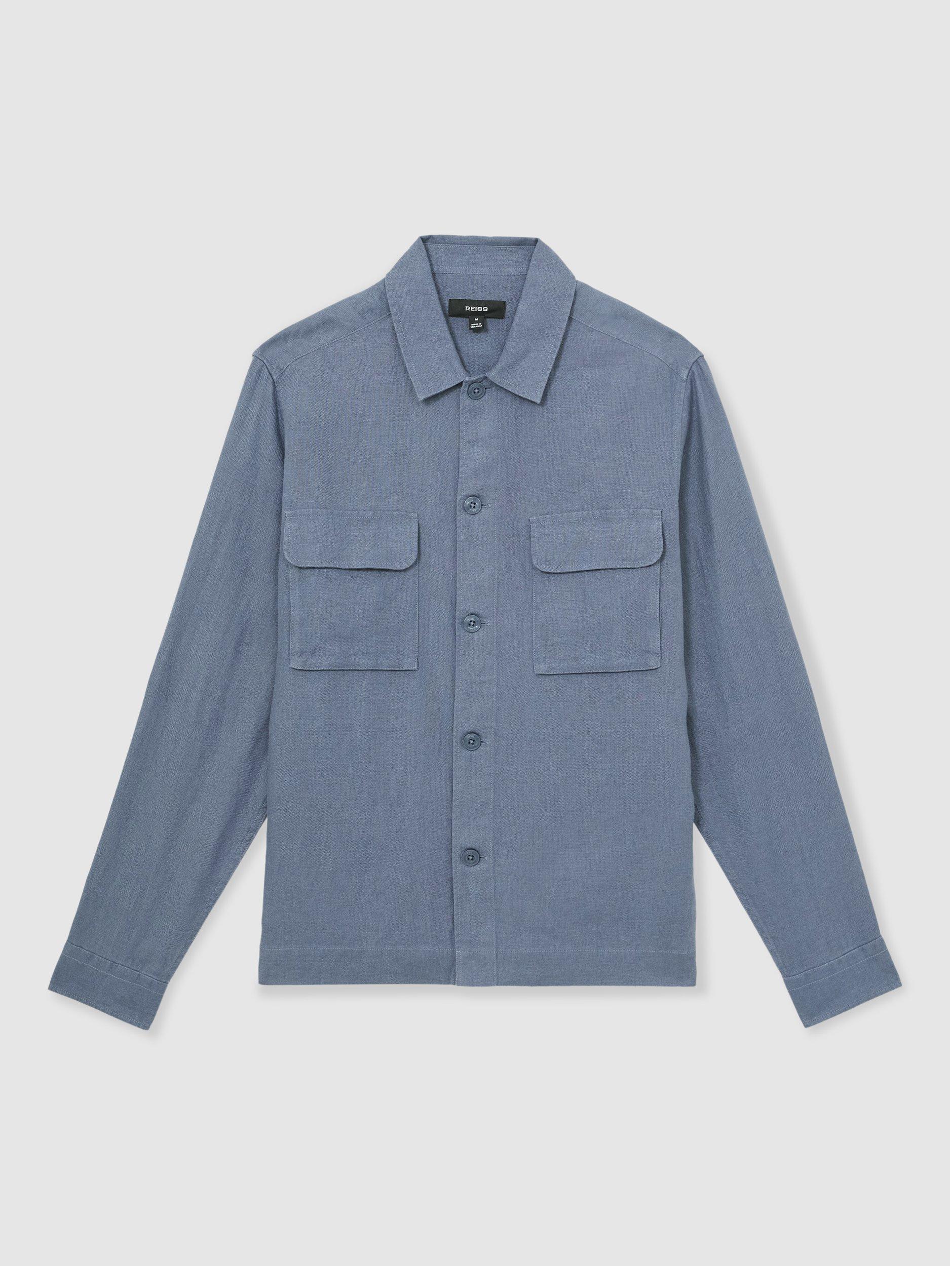 Product image 3 of 5, which shows Reiss Eze Linen Overshirt, Airforce Blue, M