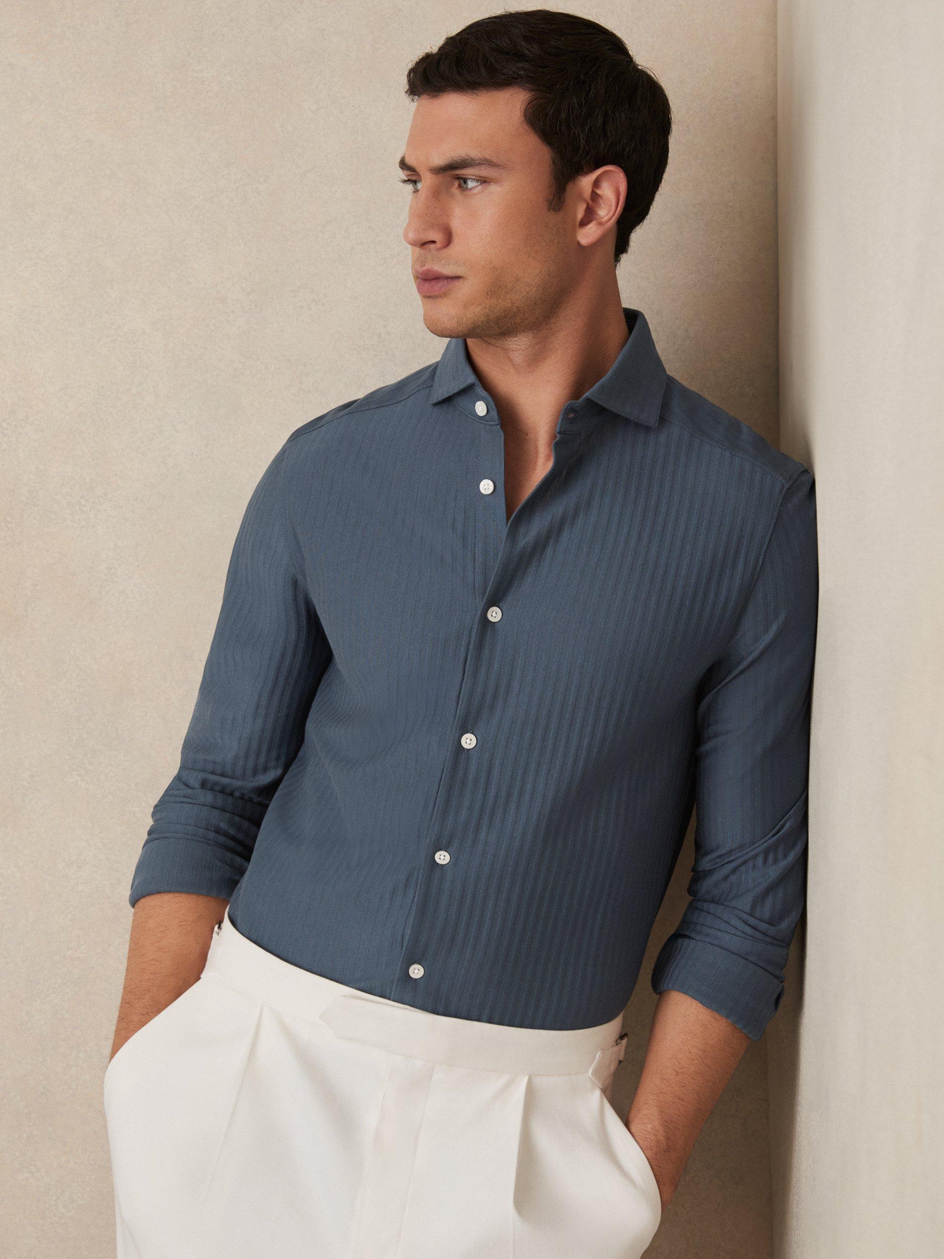 Product image 1 of 5, which shows Reiss Hayes Jacquard Stripe Cotton Shirt, Airforce Blue, XS