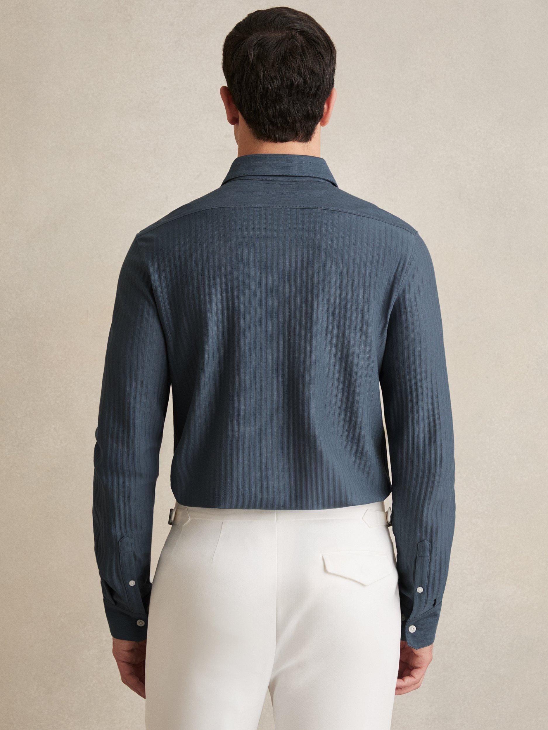 Product image 2 of 5, which shows Reiss Hayes Jacquard Stripe Cotton Shirt, Airforce Blue, XS