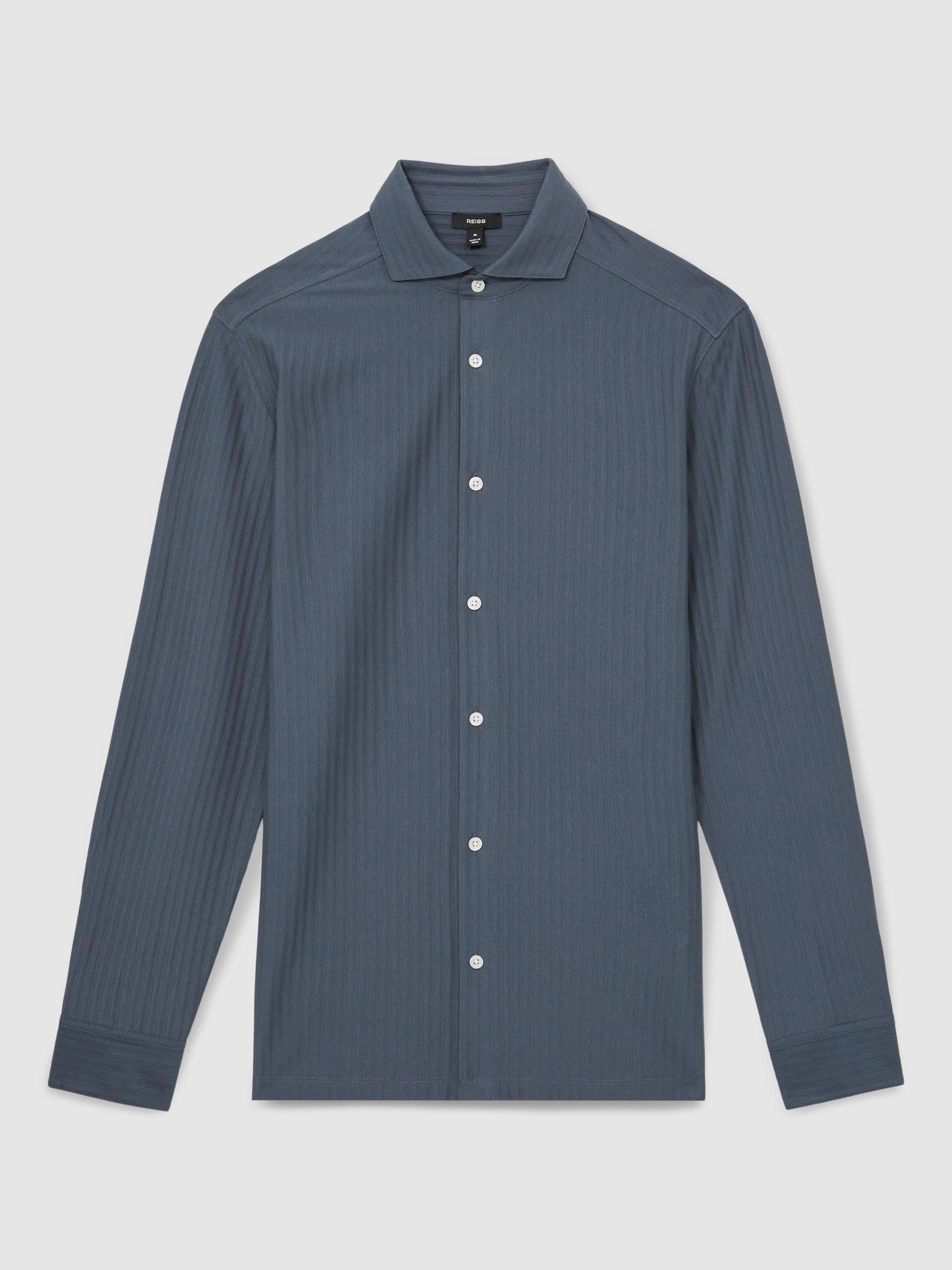 Product image 3 of 5, which shows Reiss Hayes Jacquard Stripe Cotton Shirt, Airforce Blue, XS