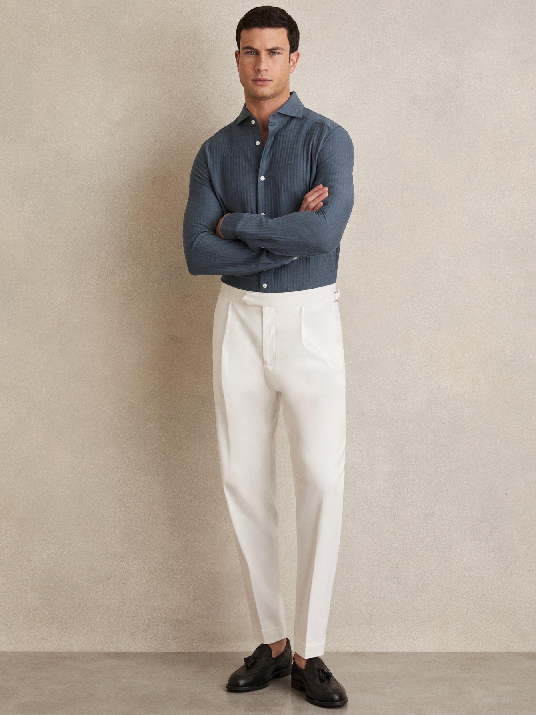 Product image 4 of 5, which shows Reiss Hayes Jacquard Stripe Cotton Shirt, Airforce Blue, XS