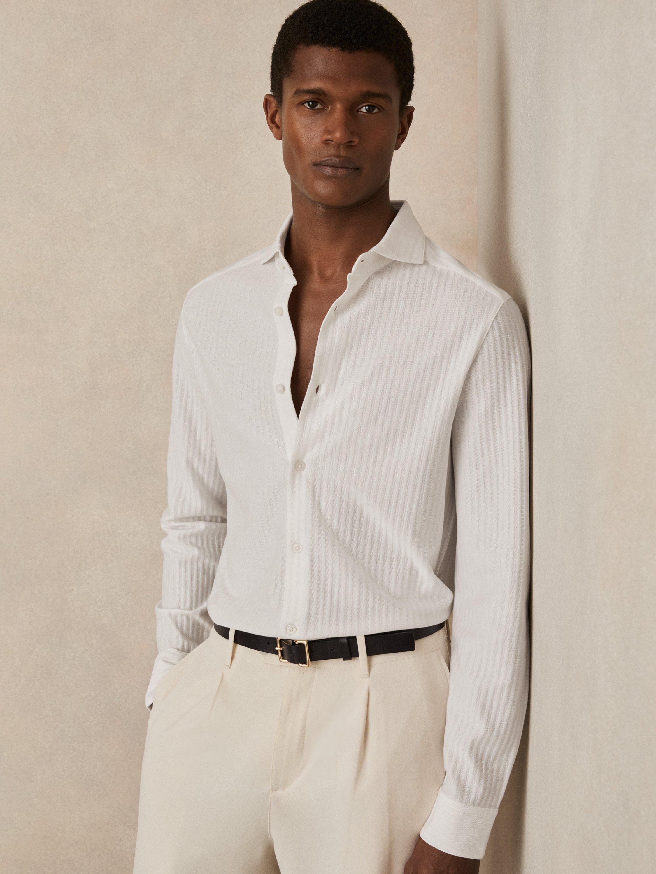 Product image 1 of 5, which shows Reiss Hayes Jacquard Stripe Cotton Shirt, White, M