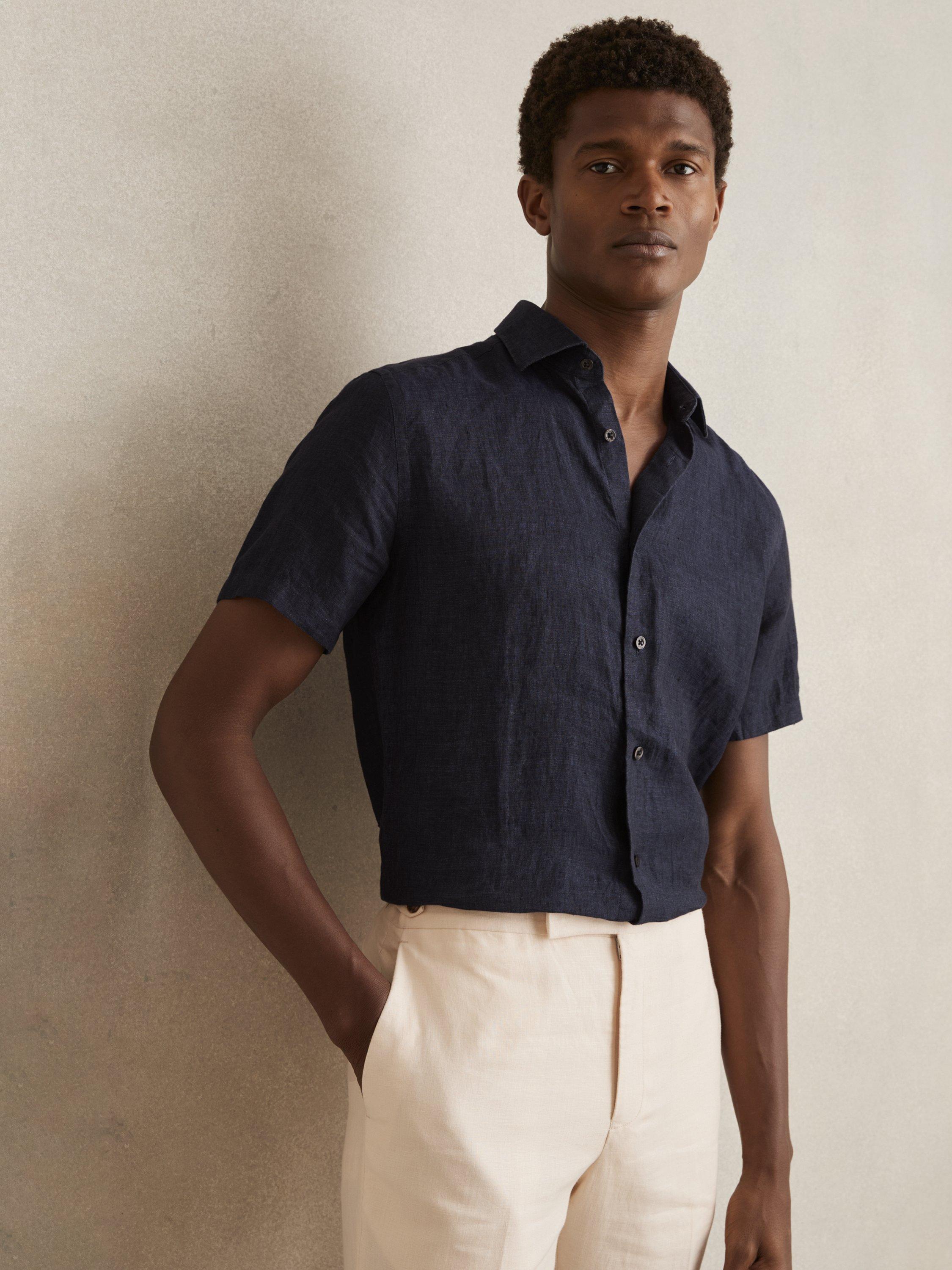 Product image 1 of 5, which shows Reiss Holiday Linen Regular Fit Shirt, Navy, XS
