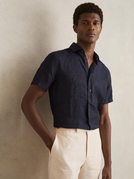 Reiss Holiday Linen Slim Fit Shirt, Navy, Navy