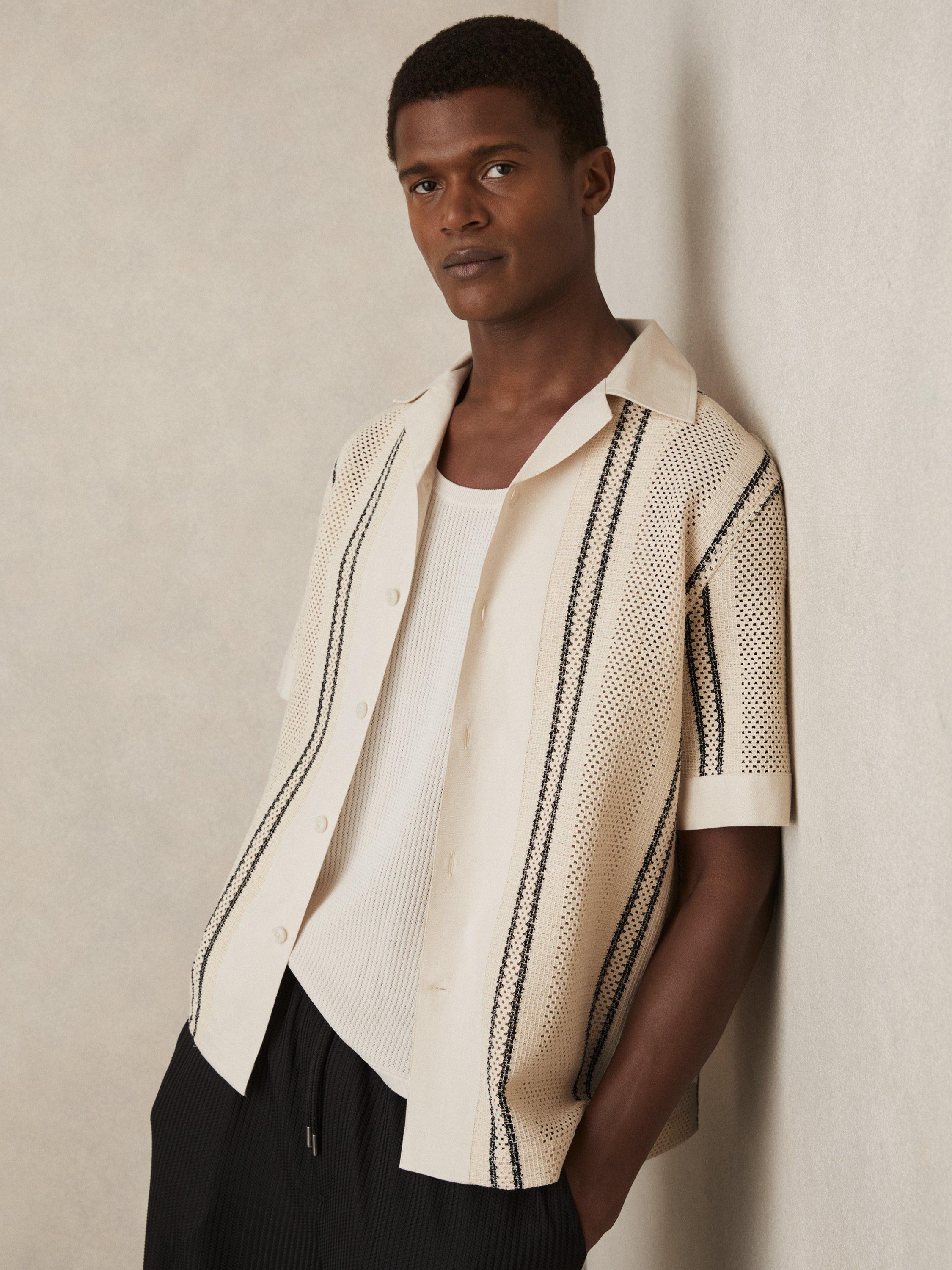 Product image 1 of 5, which shows Reiss Opal Cotton Blend Regular Fit Stripe Shirt, White/Multi, XS