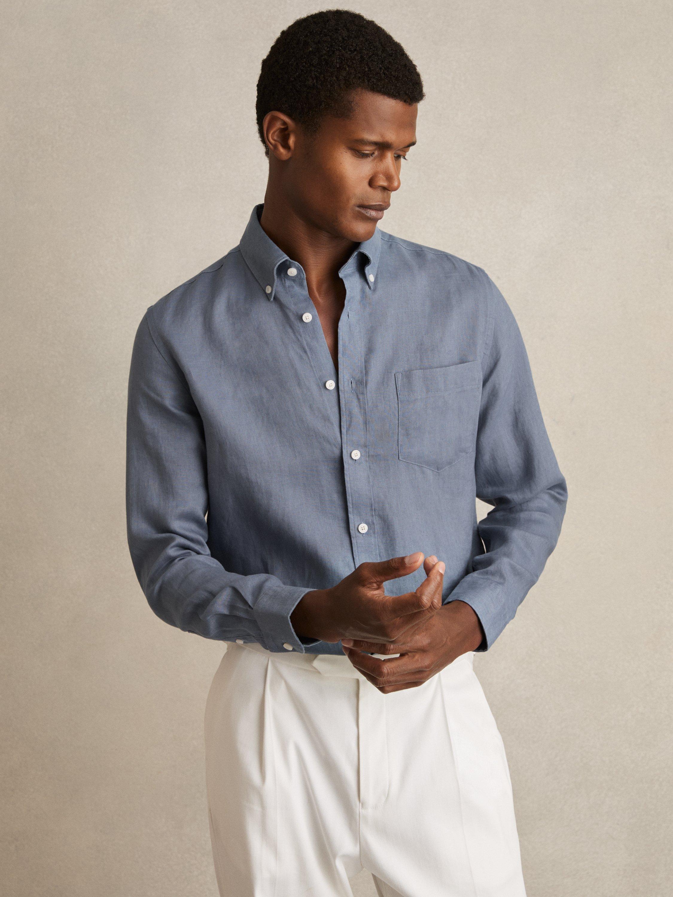 Reiss Queens Linen Regular Fit Shirt, Light Blue