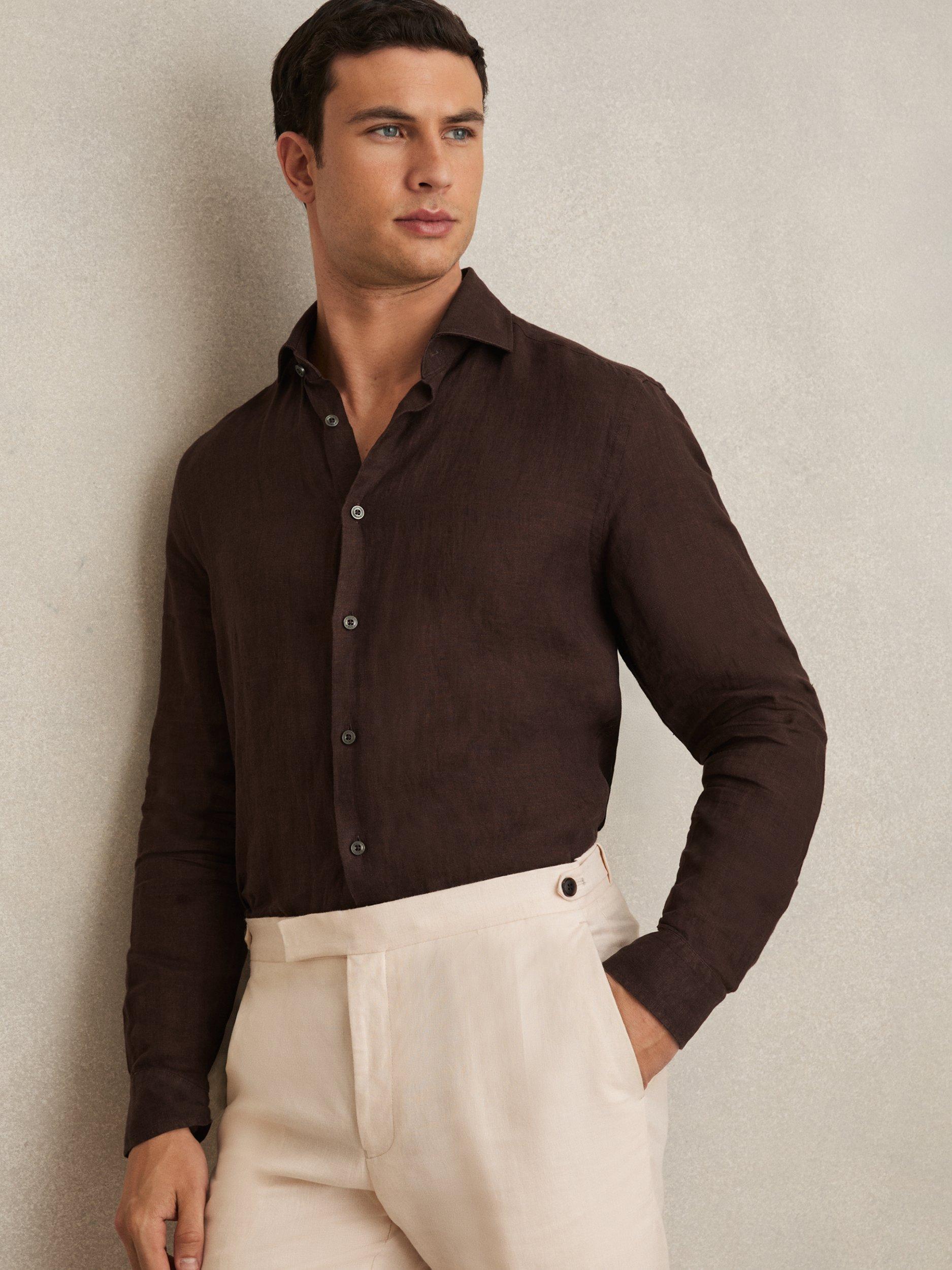 Product image 1 of 5, which shows Reiss Ruban Linen Regular Fit Shirt, Dark Brown, XS