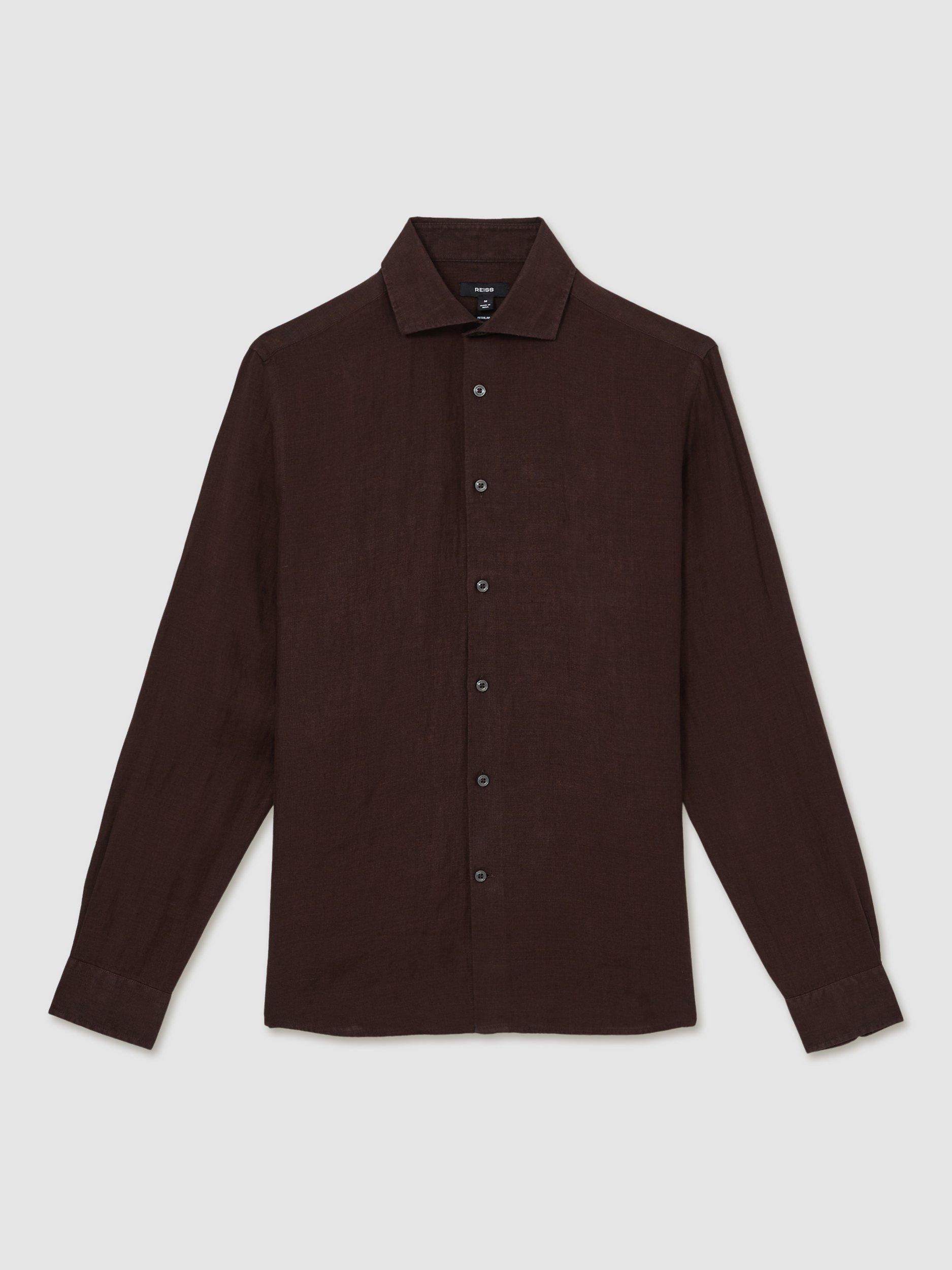 Product image 3 of 5, which shows Reiss Ruban Linen Regular Fit Shirt, Dark Brown, XS