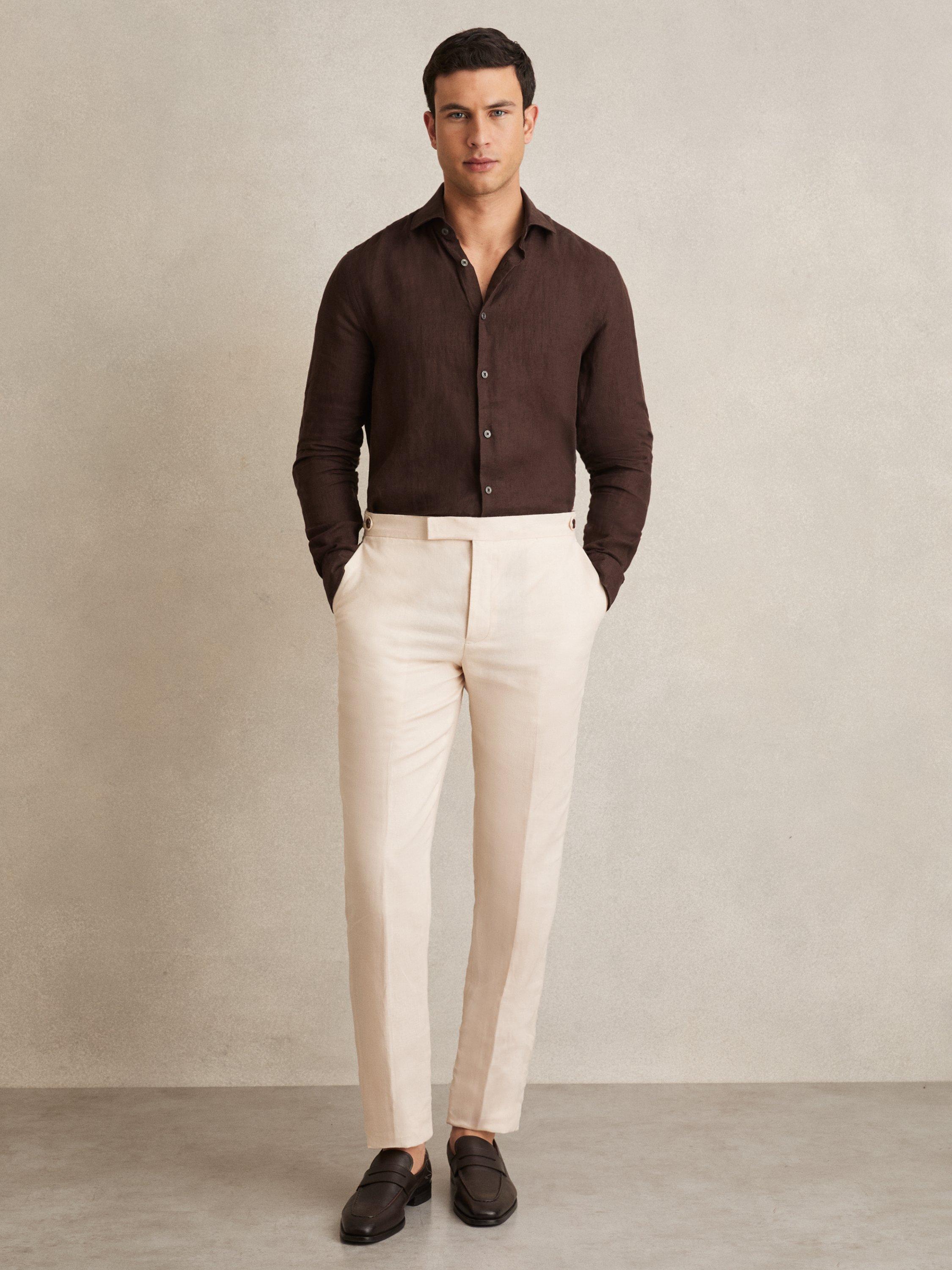 Product image 4 of 5, which shows Reiss Ruban Linen Regular Fit Shirt, Dark Brown, XS