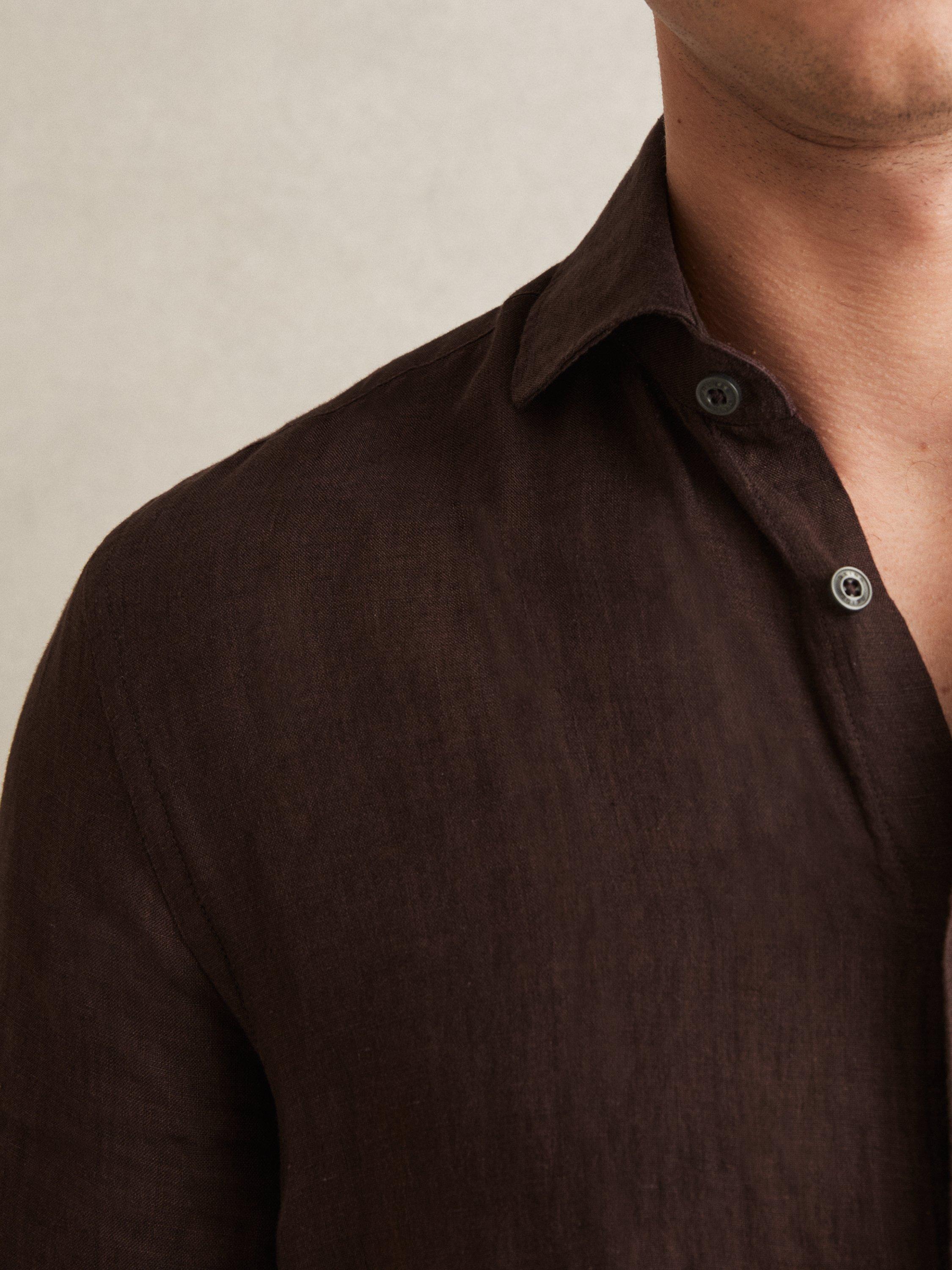 Product image 5 of 5, which shows Reiss Ruban Linen Regular Fit Shirt, Dark Brown, XS