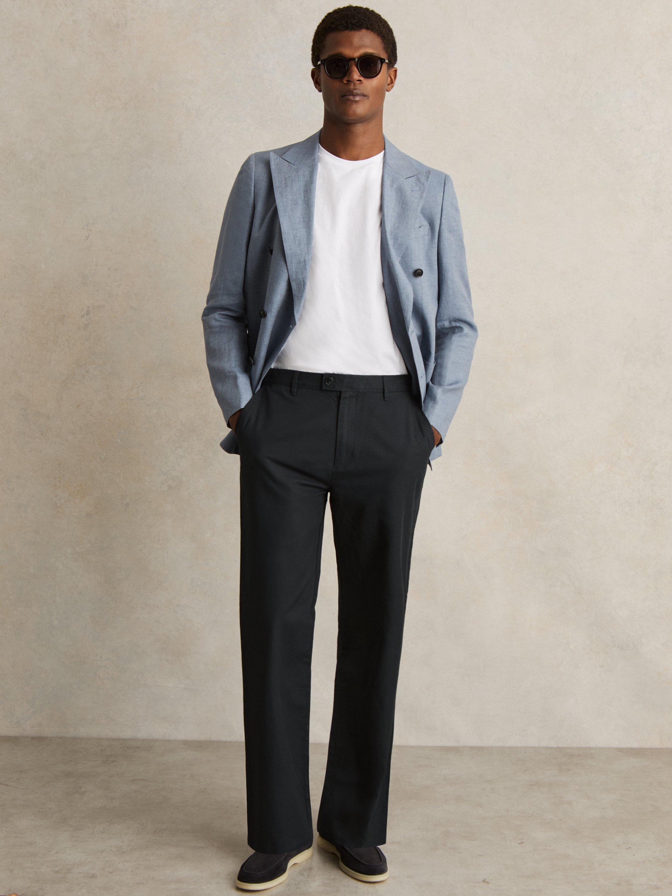 Product image 1 of 5, which shows Reiss Shade Cotton Linen Blend Trousers, Navy, 32R