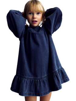 The New Society Kids' Mara Puff Sleeve Dress, Blue Denim, Blue Denim