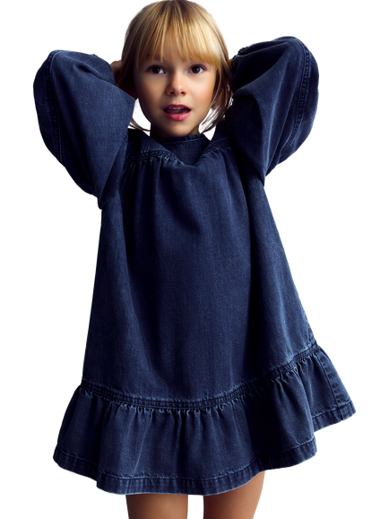 The New Society Kids' Mara Puff Sleeve Dress, Blue Denim, Blue Denim