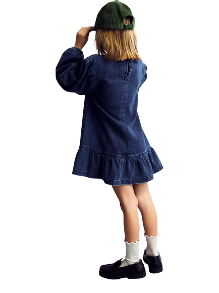 The New Society Kids' Mara Puff Sleeve Dress, Blue Denim - view 2, Blue Denim