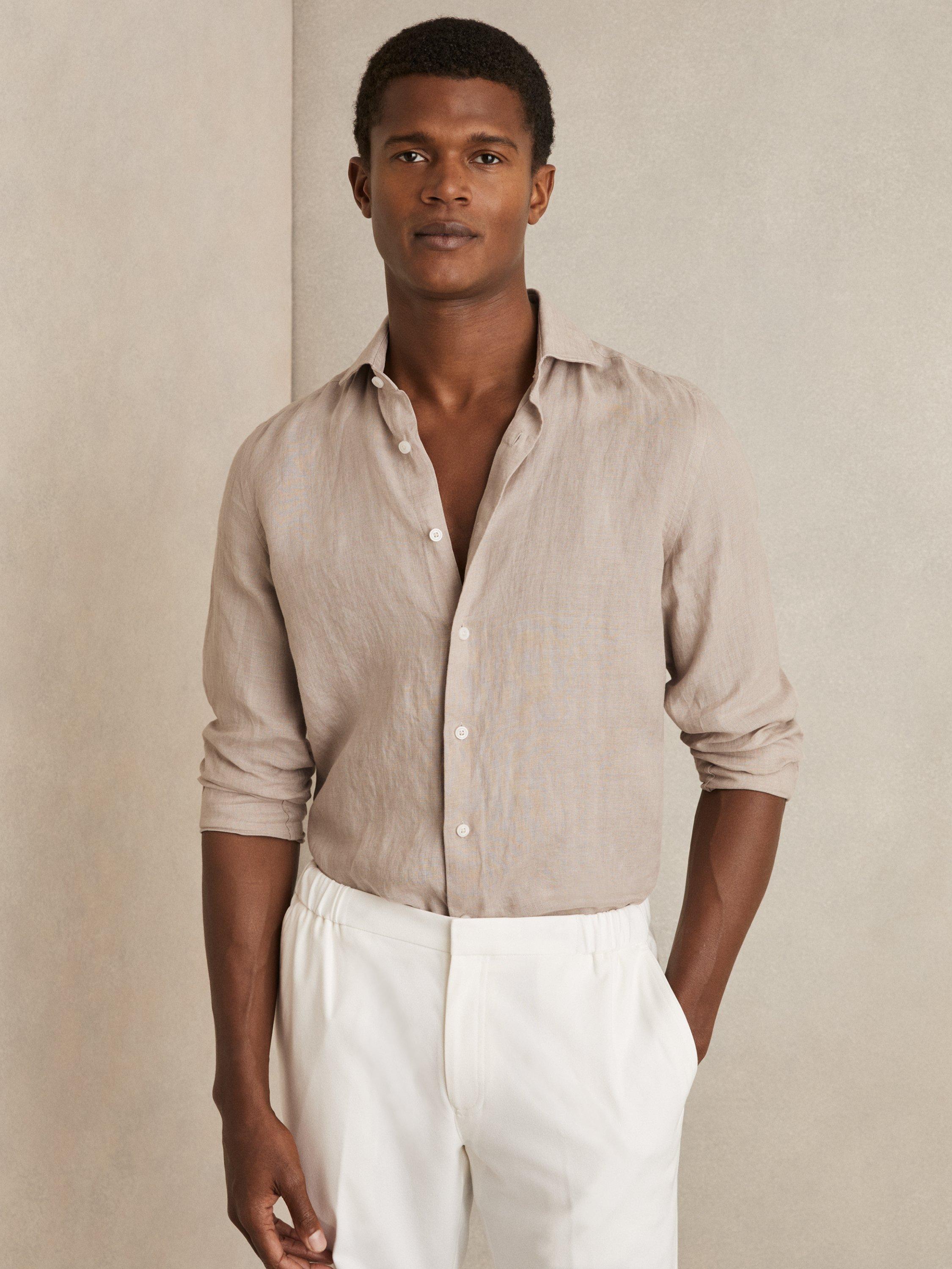 Product image 4 of 5, which shows Reiss Ruban Linen Regular Fit Shirt, Mid Brown, XS