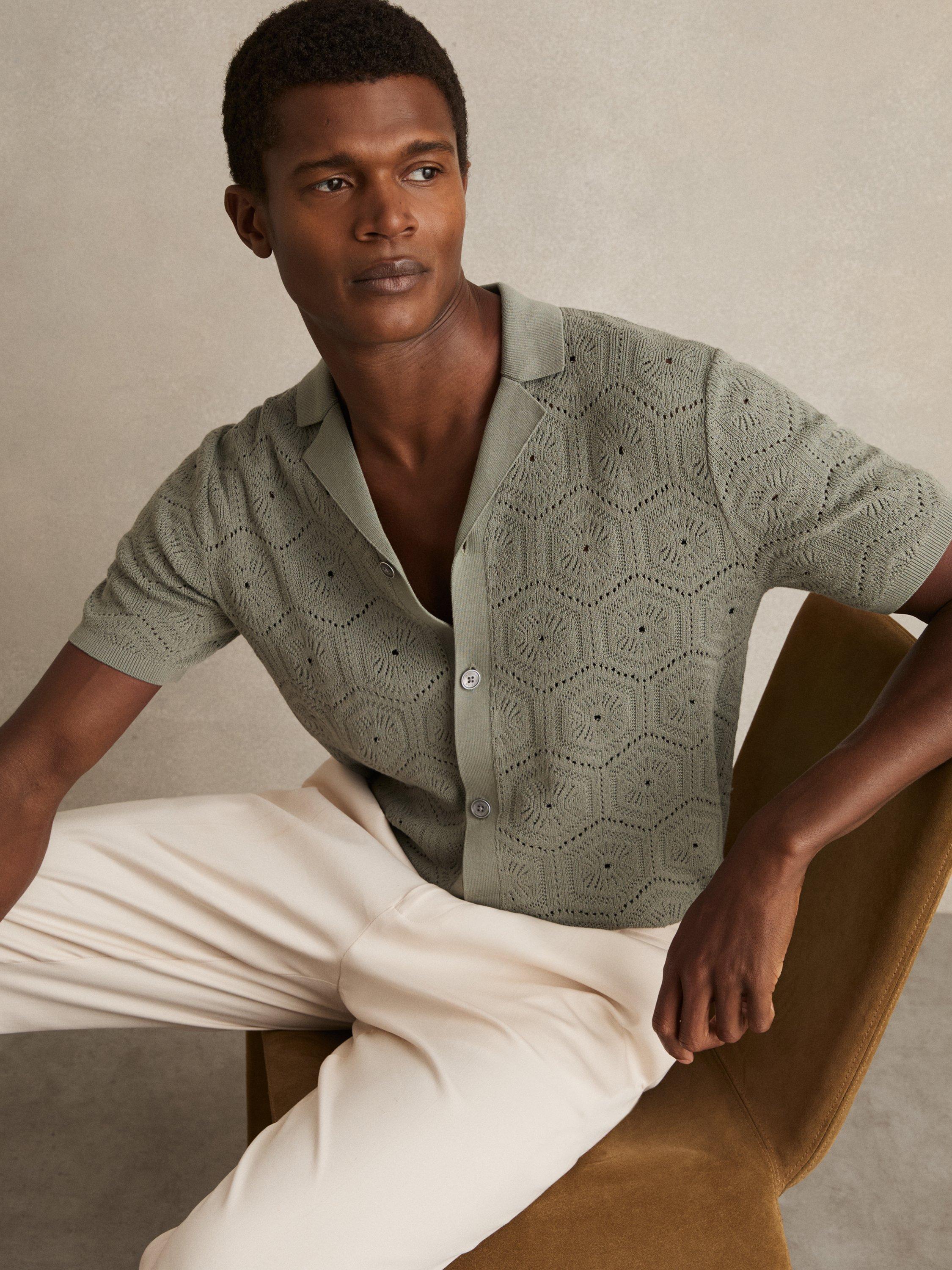 Product image 1 of 5, which shows Reiss Royce Pointelle Button Through Shirt, Sage Green, XS