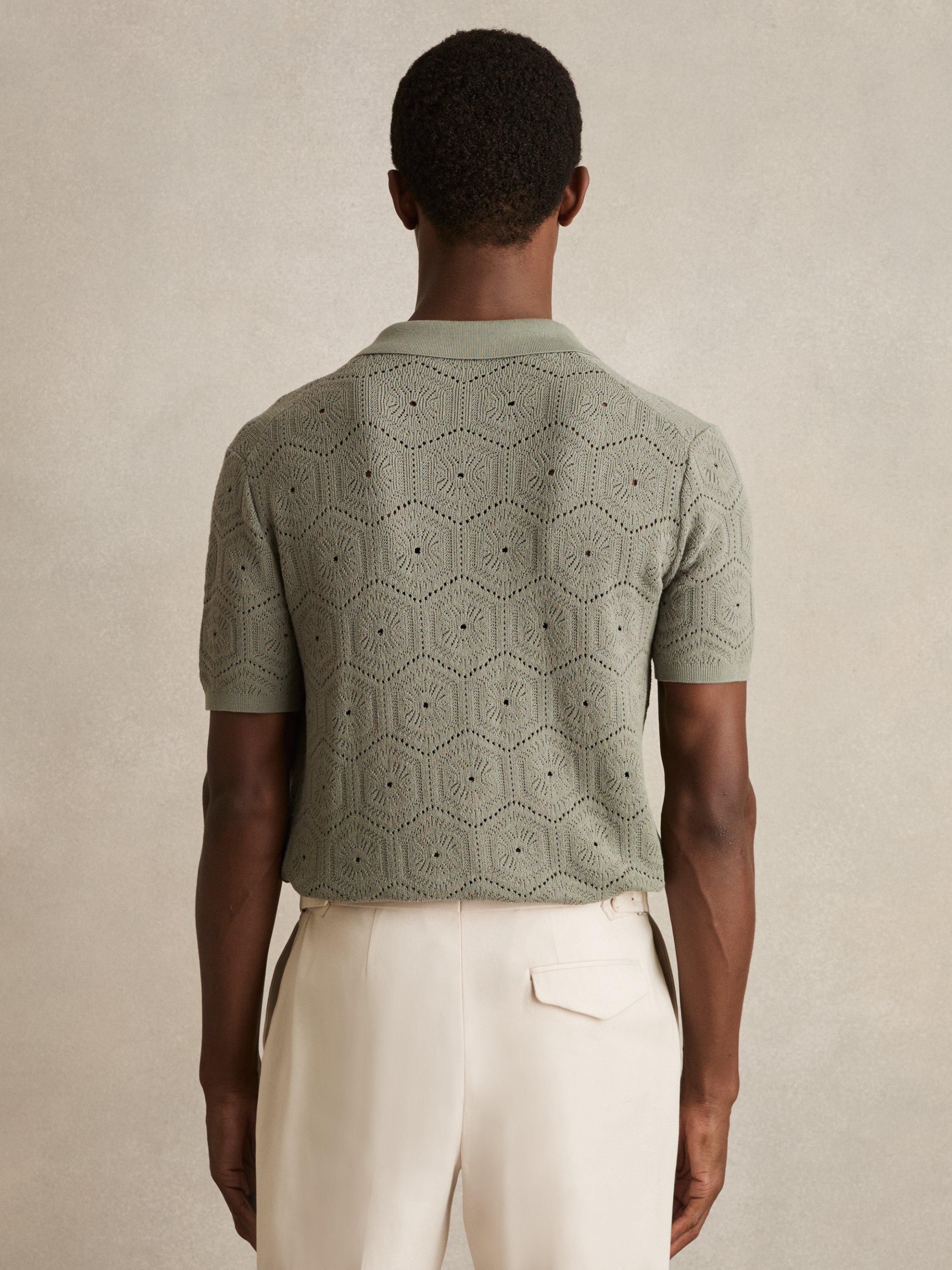 Product image 2 of 5, which shows Reiss Royce Pointelle Button Through Shirt, Sage Green, XS