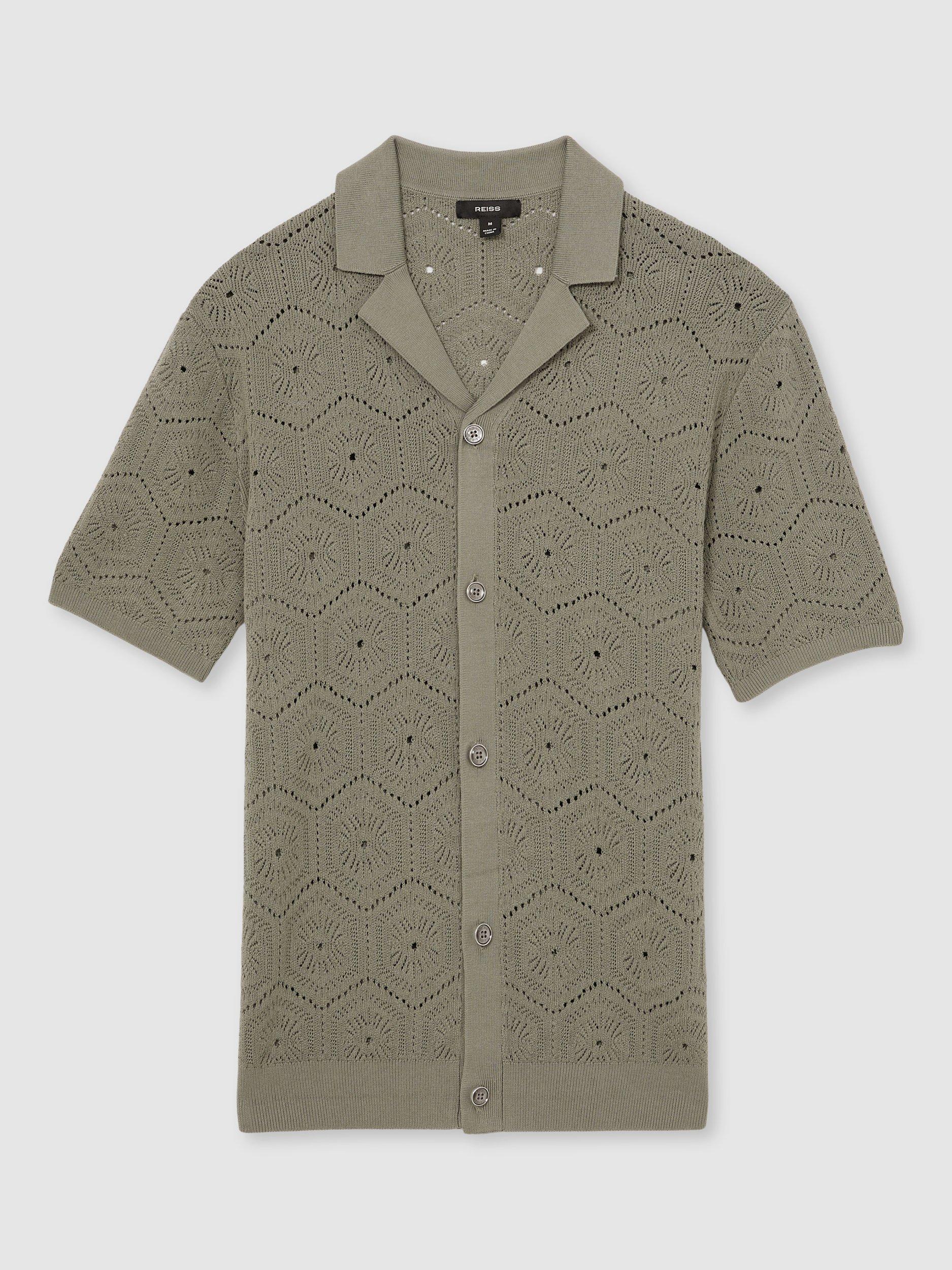 Product image 3 of 5, which shows Reiss Royce Pointelle Button Through Shirt, Sage Green, XS