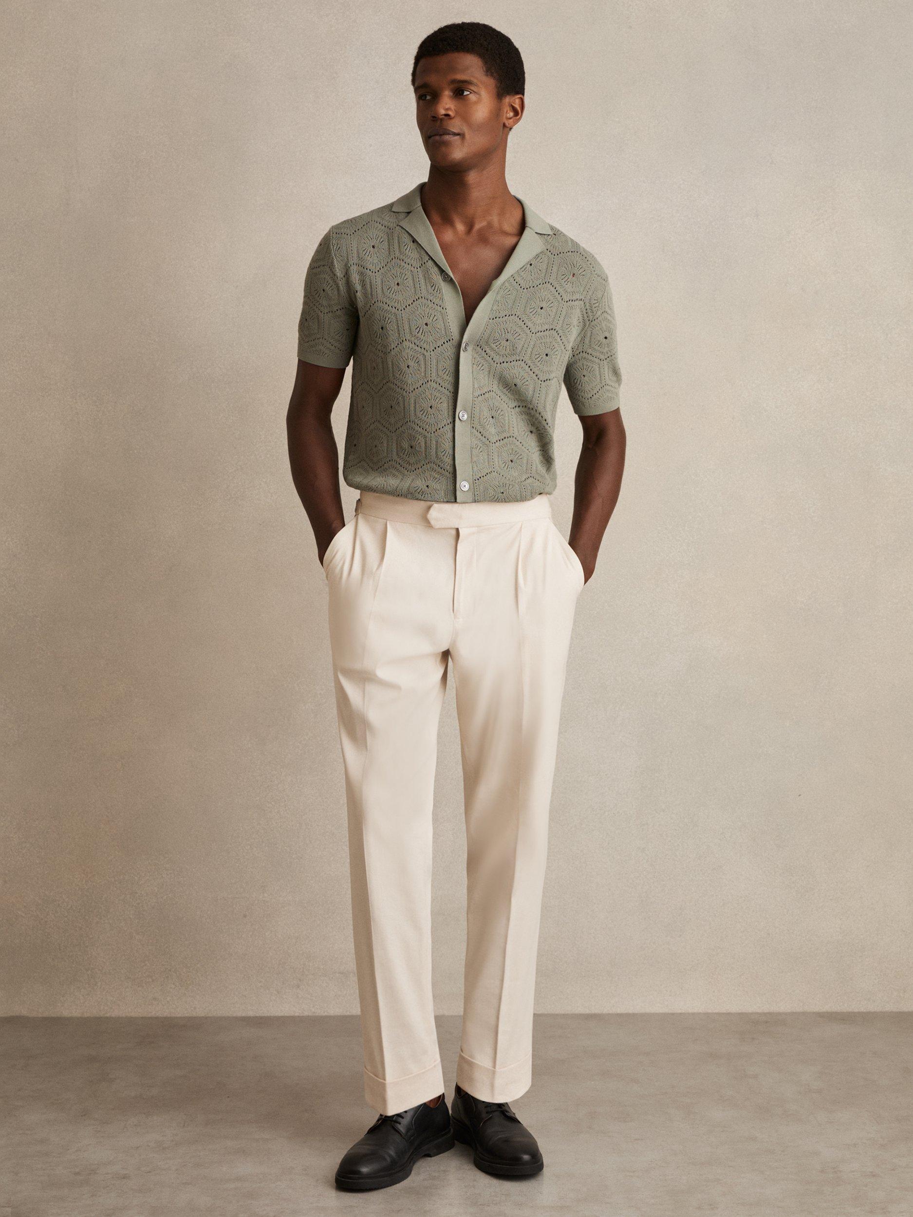 Product image 4 of 5, which shows Reiss Royce Pointelle Button Through Shirt, Sage Green, XS