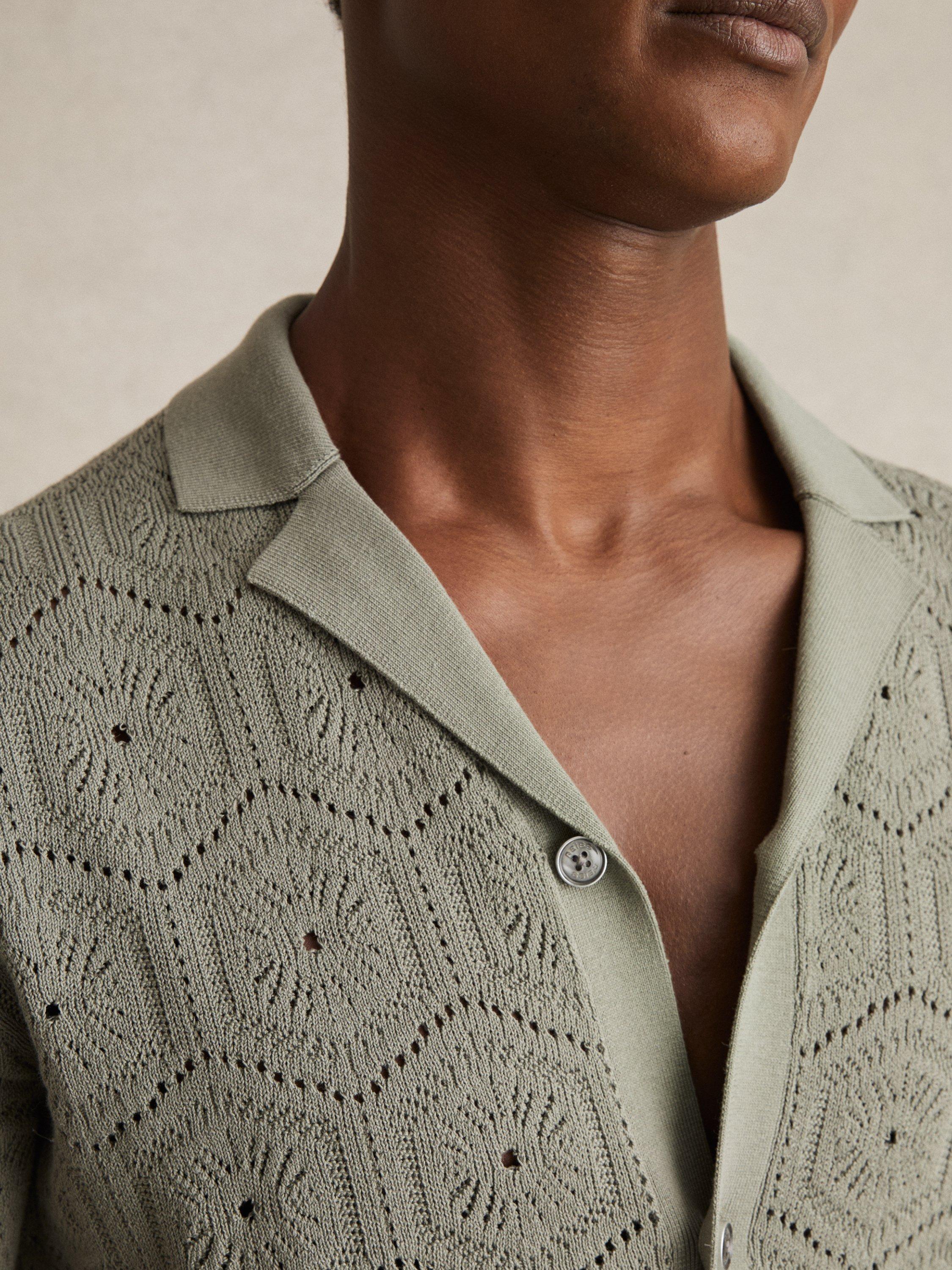 Product image 5 of 5, which shows Reiss Royce Pointelle Button Through Shirt, Sage Green, XS