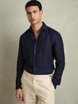 Reiss Ruban Linen Button-Through Shirt, Navy