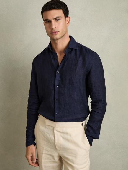 Reiss Ruban Linen Button-Through Shirt, Navy
