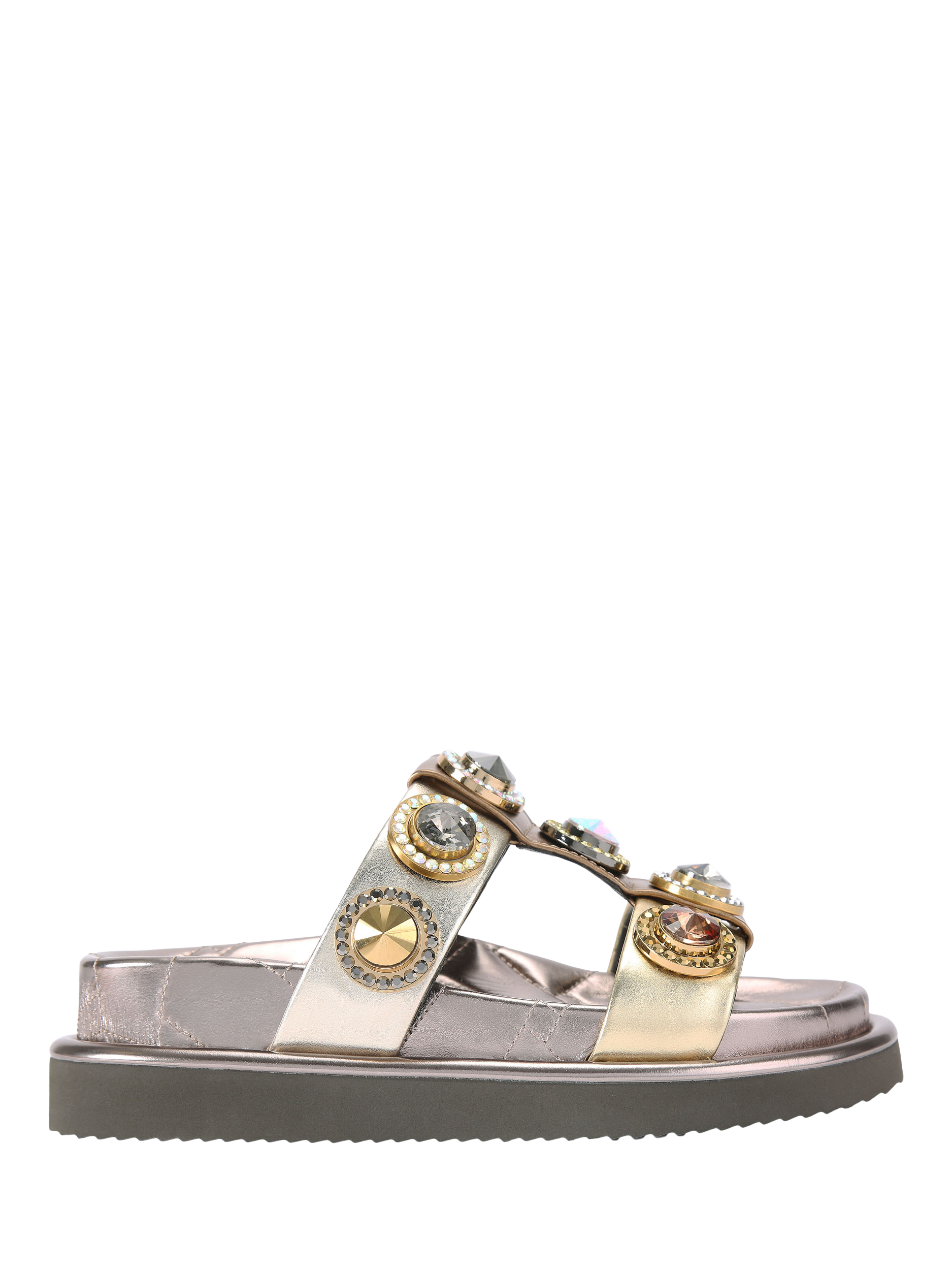 Product image 1 of 5, which shows Kurt Geiger London Orson Crystal Leather Slider Sandals, Gold, 3