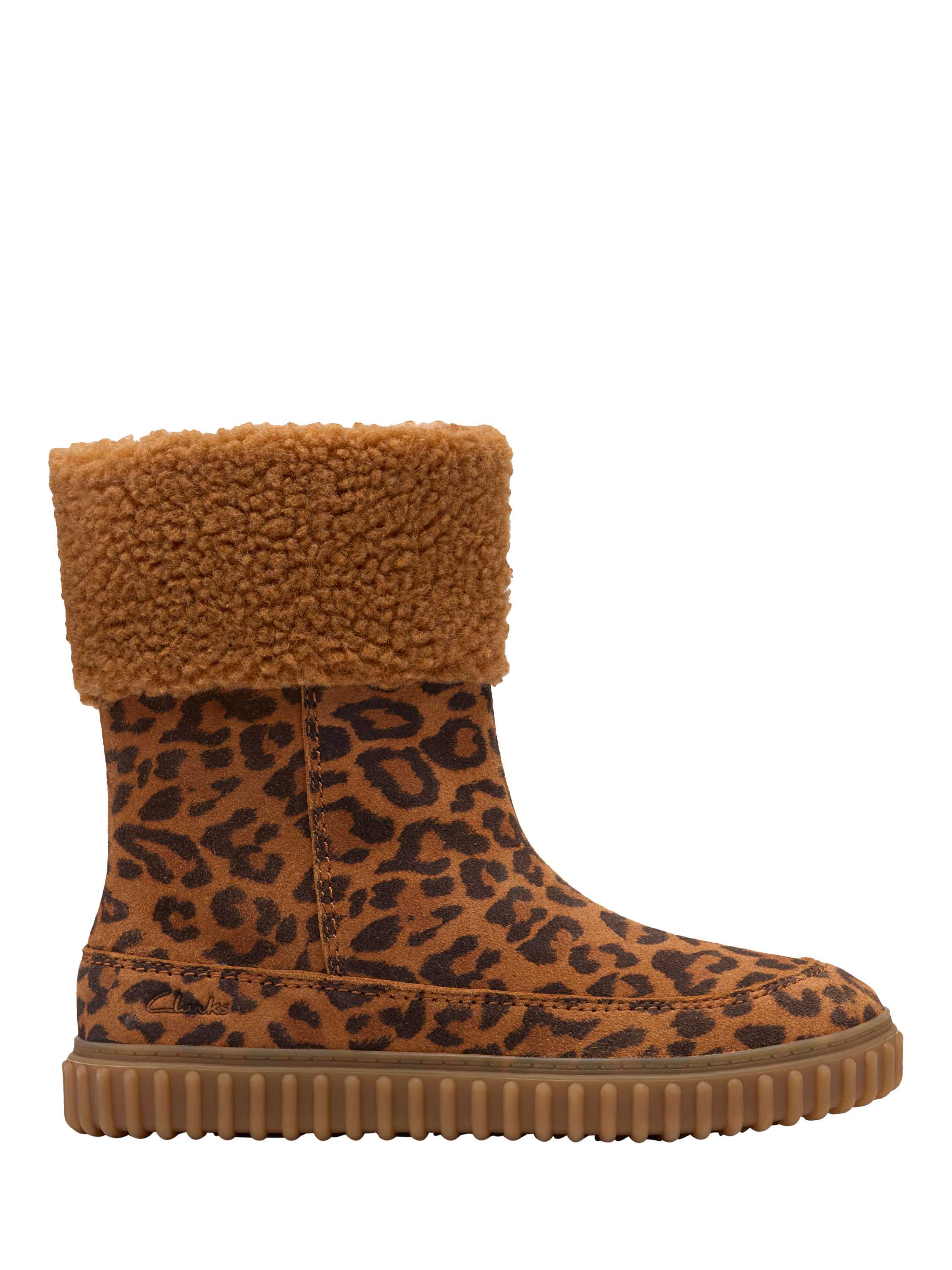 Product image 1 of 6, which shows Clarks Kids' Cove Snuggle K Suede Boots, Leopard Print, 7 F Jnr