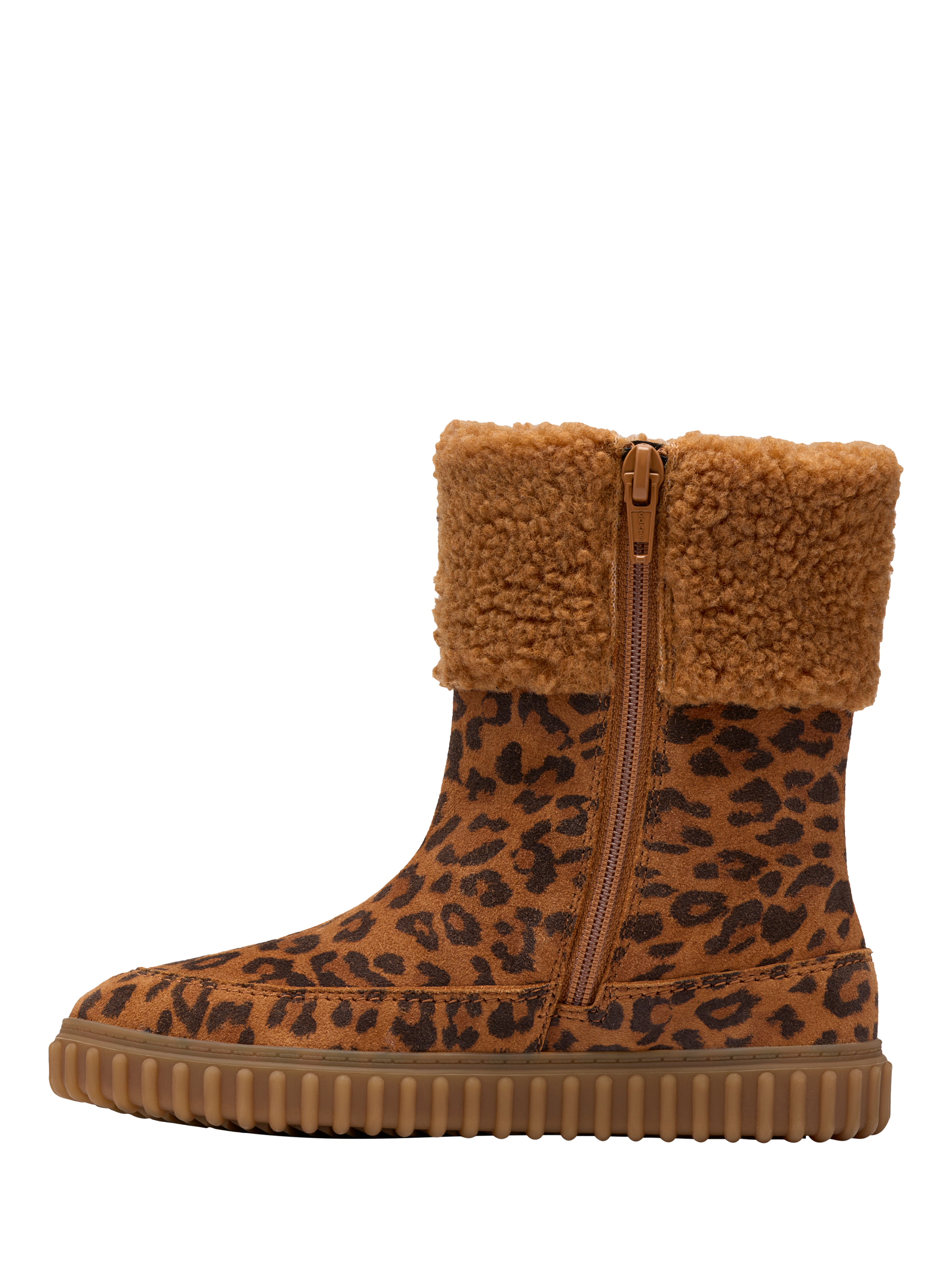Product image 2 of 6, which shows Clarks Kids' Cove Snuggle K Suede Boots, Leopard Print, 7 F Jnr
