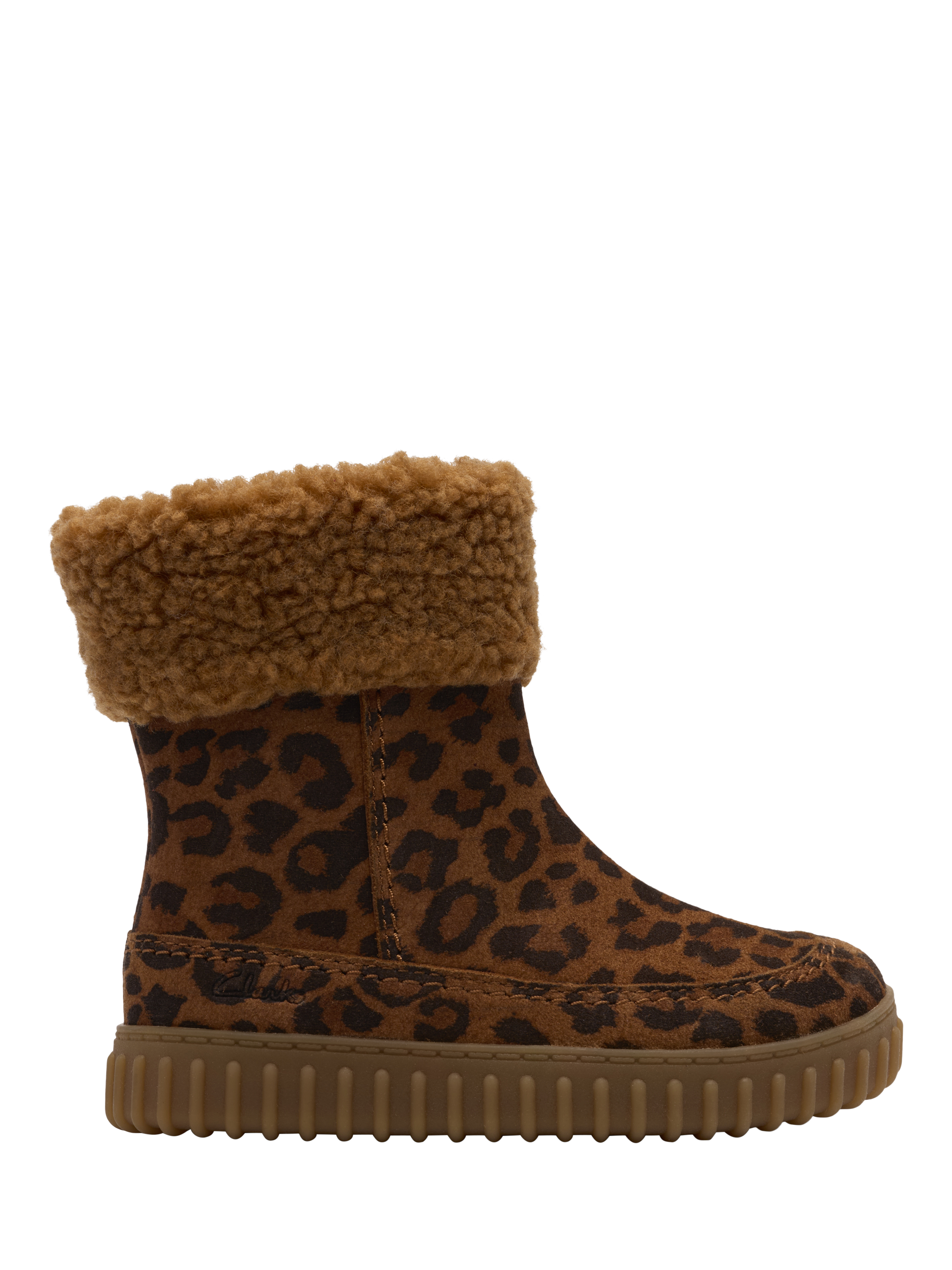 Product image 1 of 6, which shows Clarks Kids' Cove Snuggle T Suede Boots, Leopard Print, 4 F Jnr
