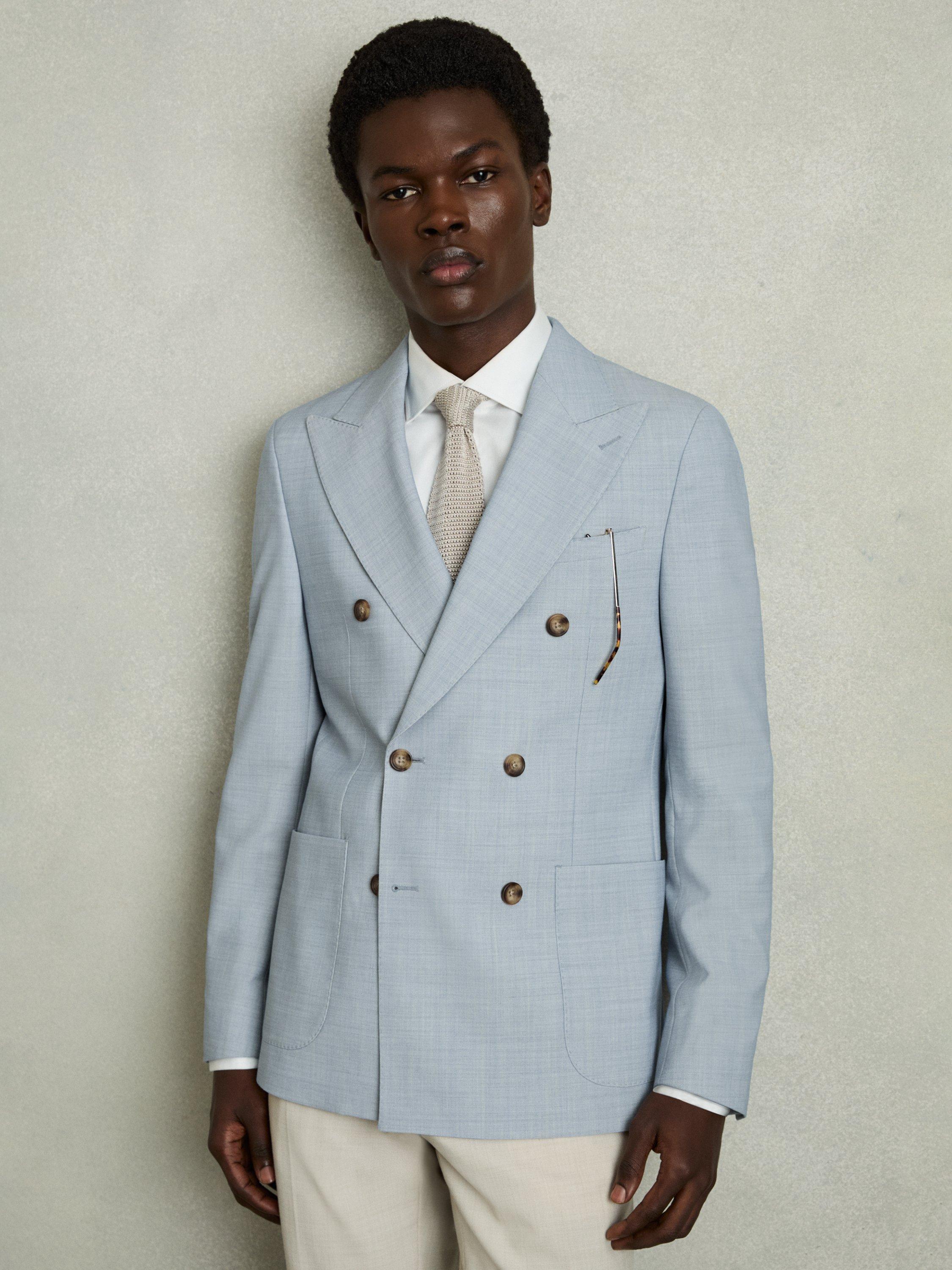 Product image 4 of 5, which shows Reiss Belmont Double breasted Slim Fit Suit Jacket, Light Blue, 38