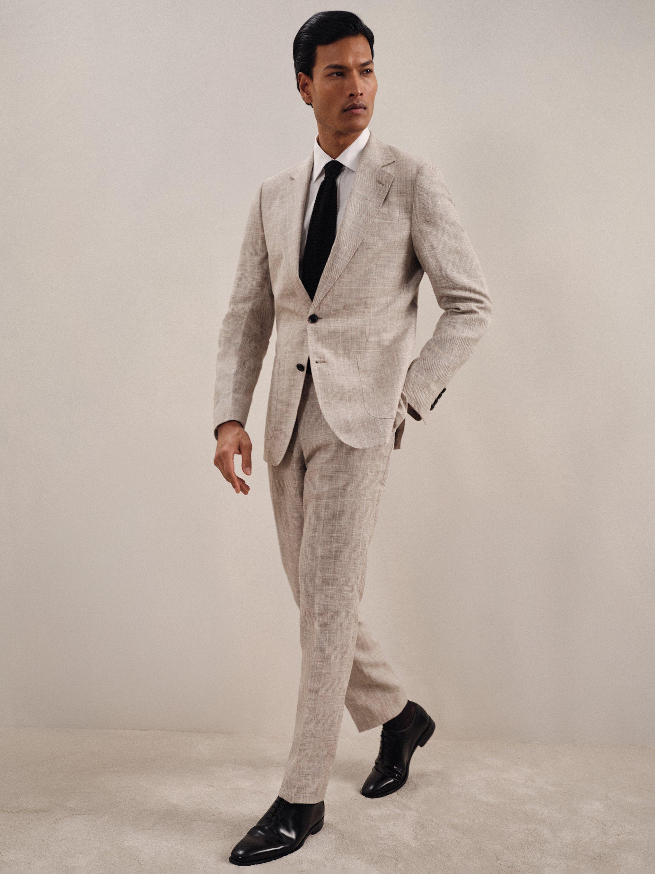 Product image 1 of 5, which shows Reiss Ashton Linen Suit Trousers, Oatmeal, 30