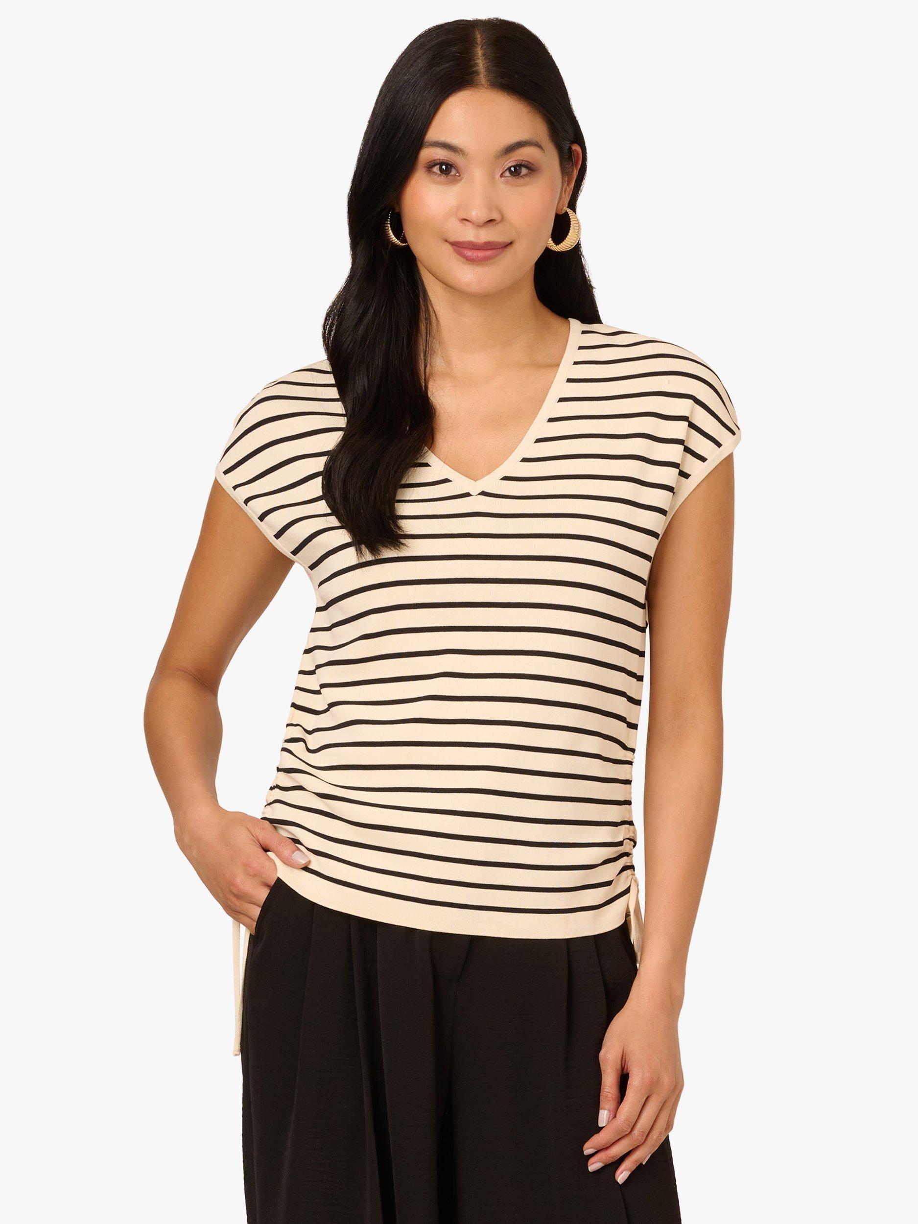 Product image 1 of 7, which shows Adrianna Papell V-Neck Cap Sleeve Stretch Knit Top, Ivory/Black, L