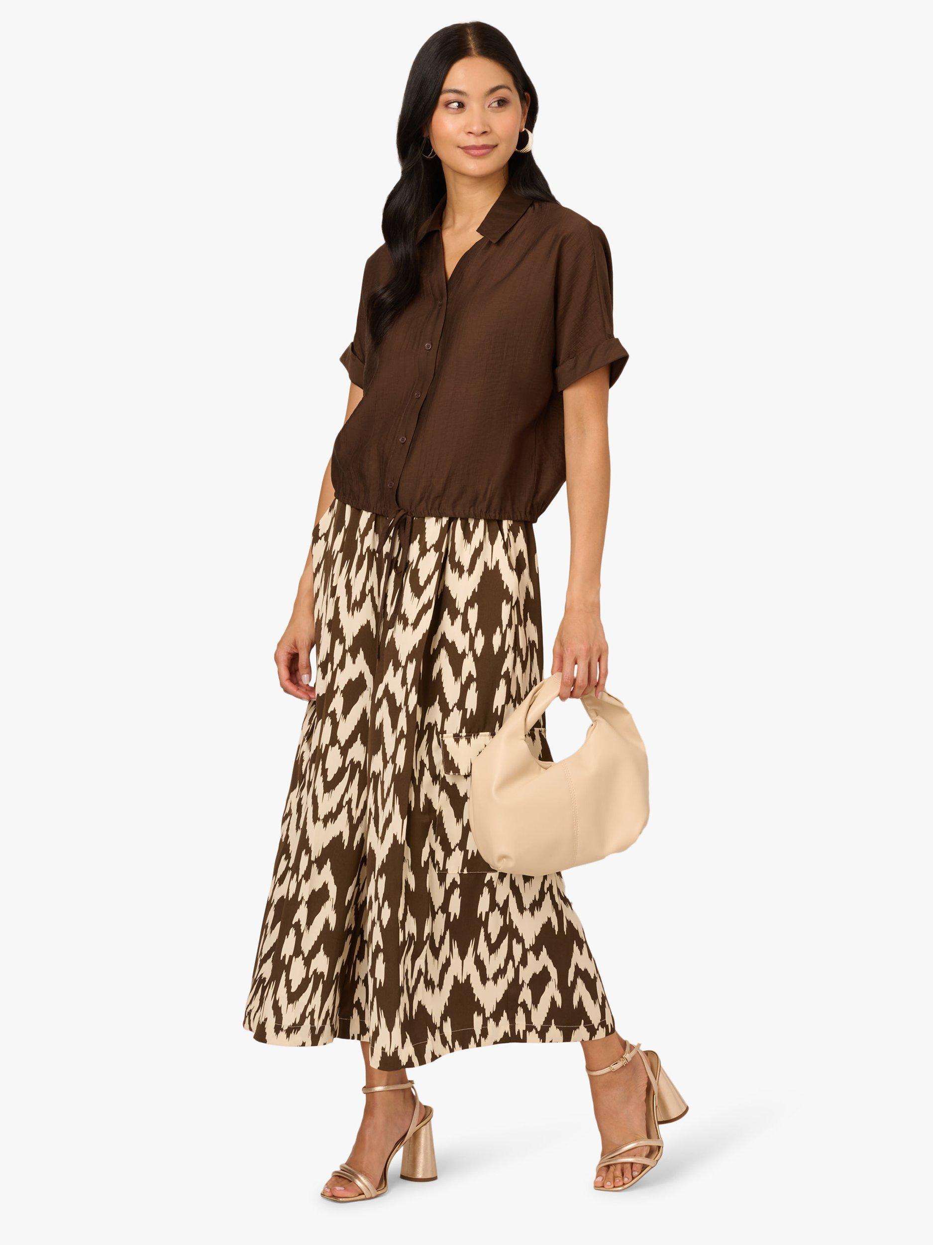 Product image 3 of 6, which shows Adrianna Papell Abstract Cropped Gaucho Cargo Trousers, Brown/Multi, L