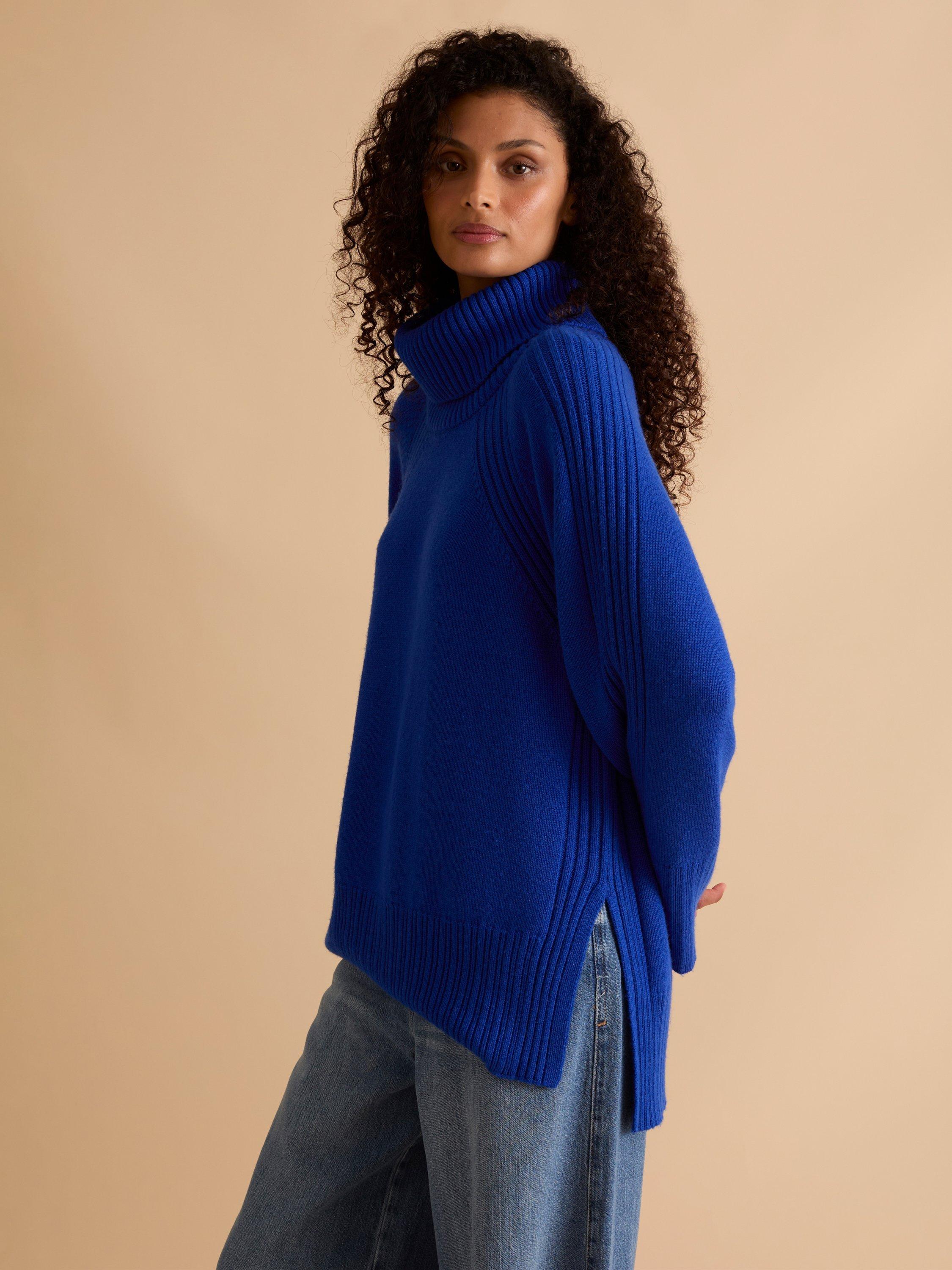 Product image 1 of 4, which shows FLORERE Longline Roll Neck Jumper, Blue, M