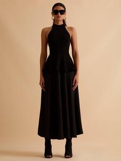 FLORERE Knitted Halterneck Satin Skirt Dress, Black, Black