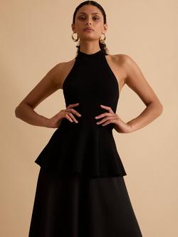 FLORERE Knitted Halterneck Satin Skirt Dress, Black - view 2, Black