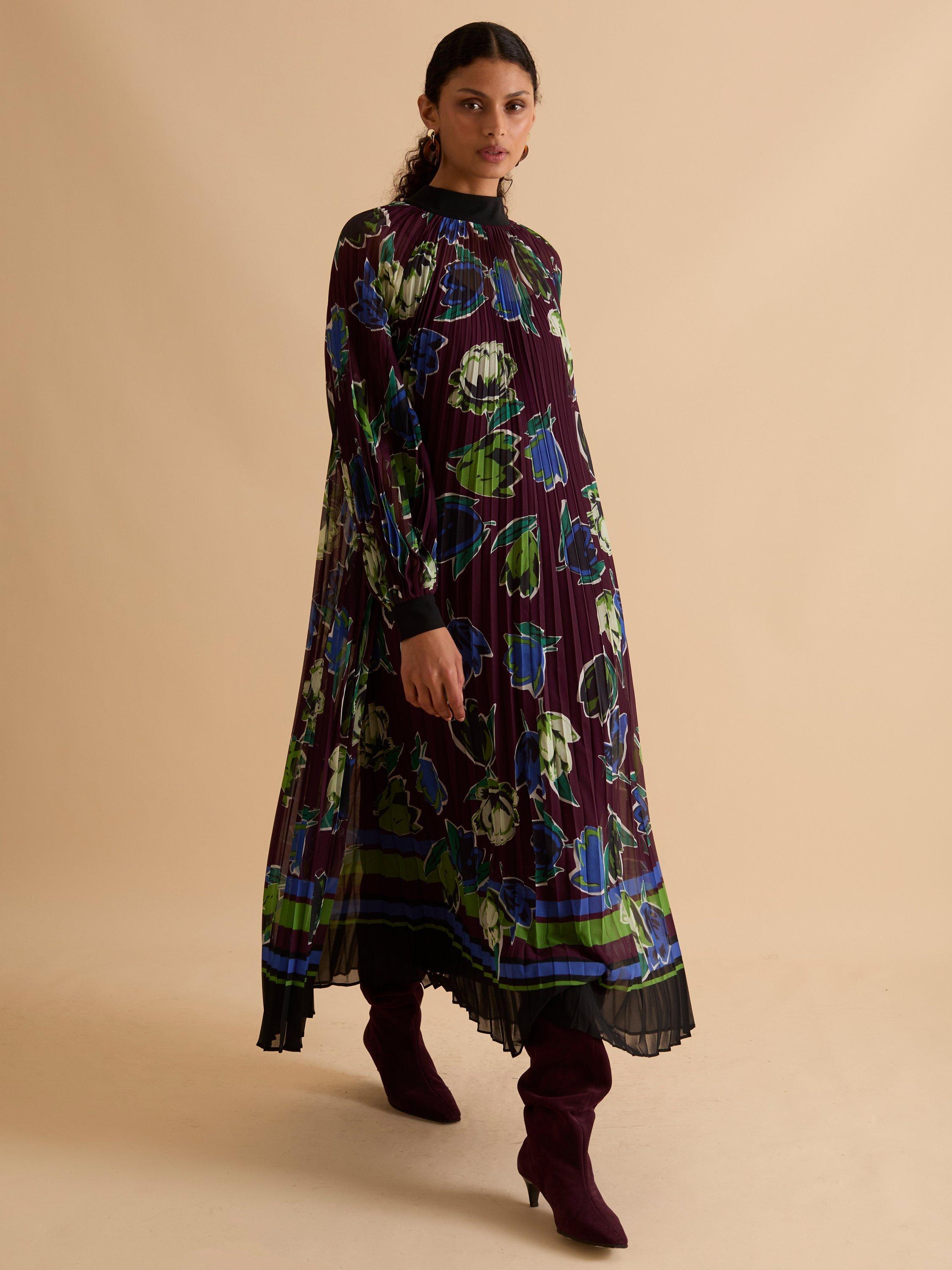 Product image 1 of 5, which shows FLORERE Graphic Tulip High Neck Pleated Dress, Multi, 10