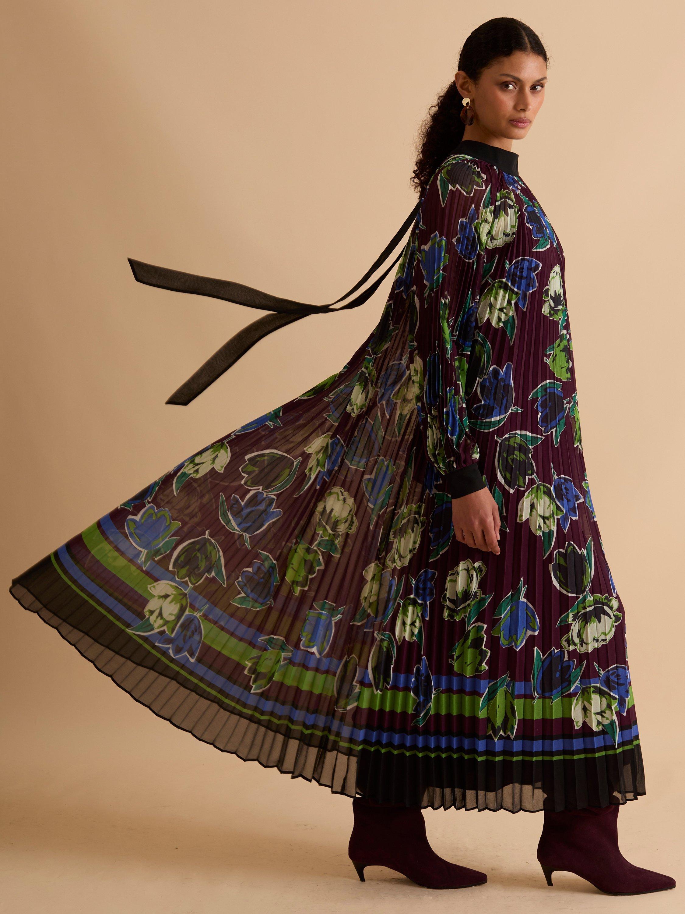 Product image 2 of 5, which shows FLORERE Graphic Tulip High Neck Pleated Dress, Multi, 10