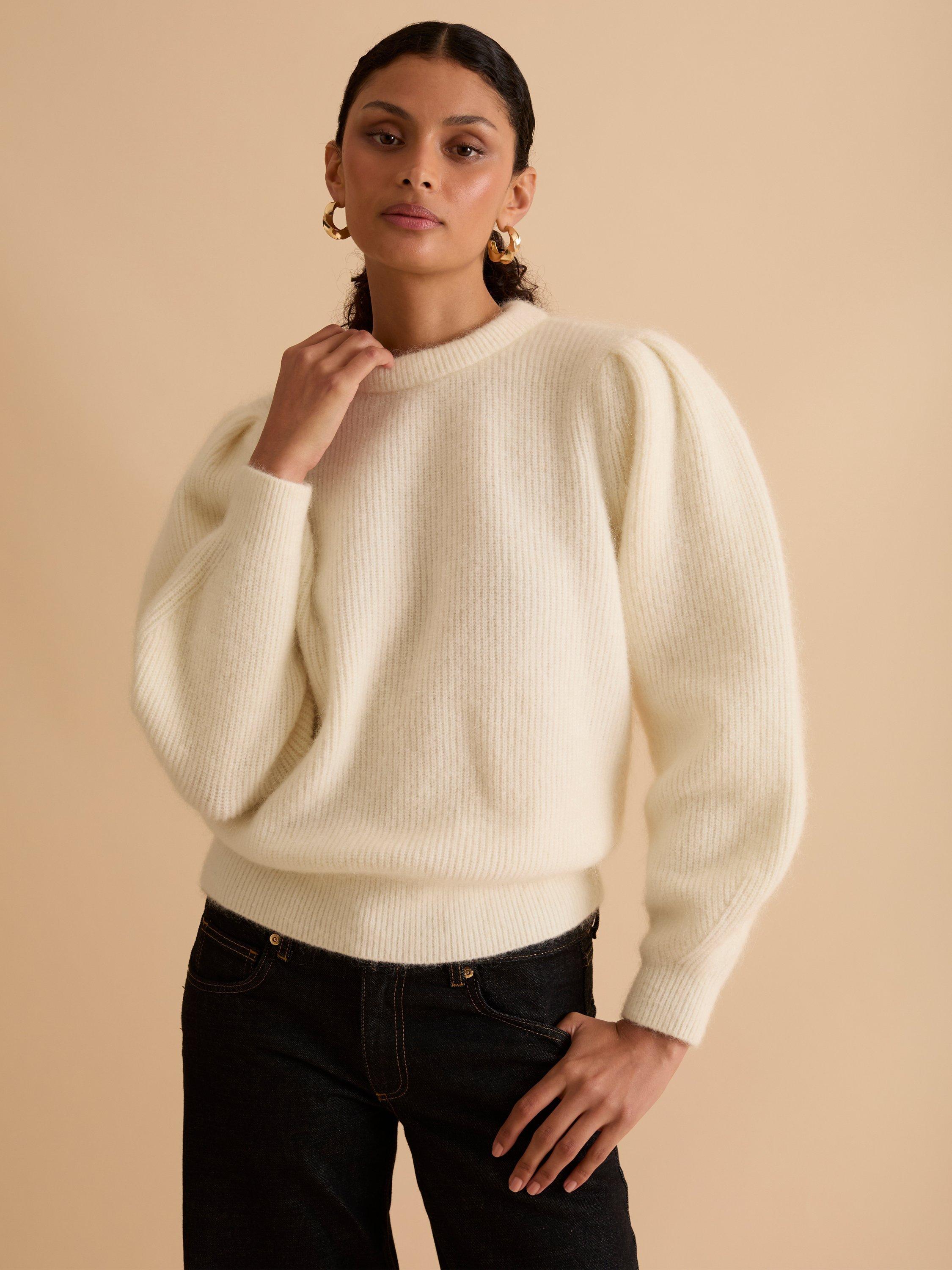 FLORERE Tie Back Ribbed Wool Rich Jumper, White